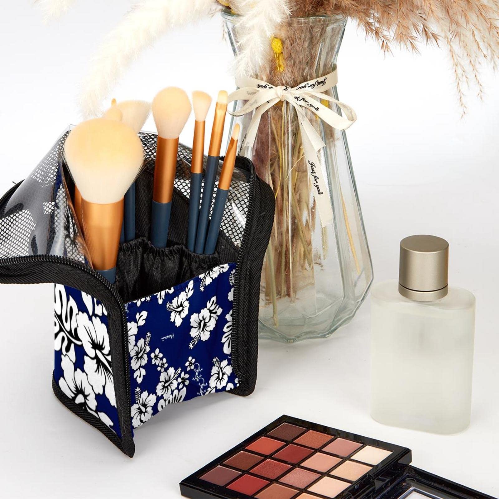 12-Piece Makeup Brush Organizer Bag with Retro Tropical Flower Design - Portable Cosmetic Brush Holder Case for Travel & Home Storage | Blue Makeup Brush Set for Professional & Everyday Use