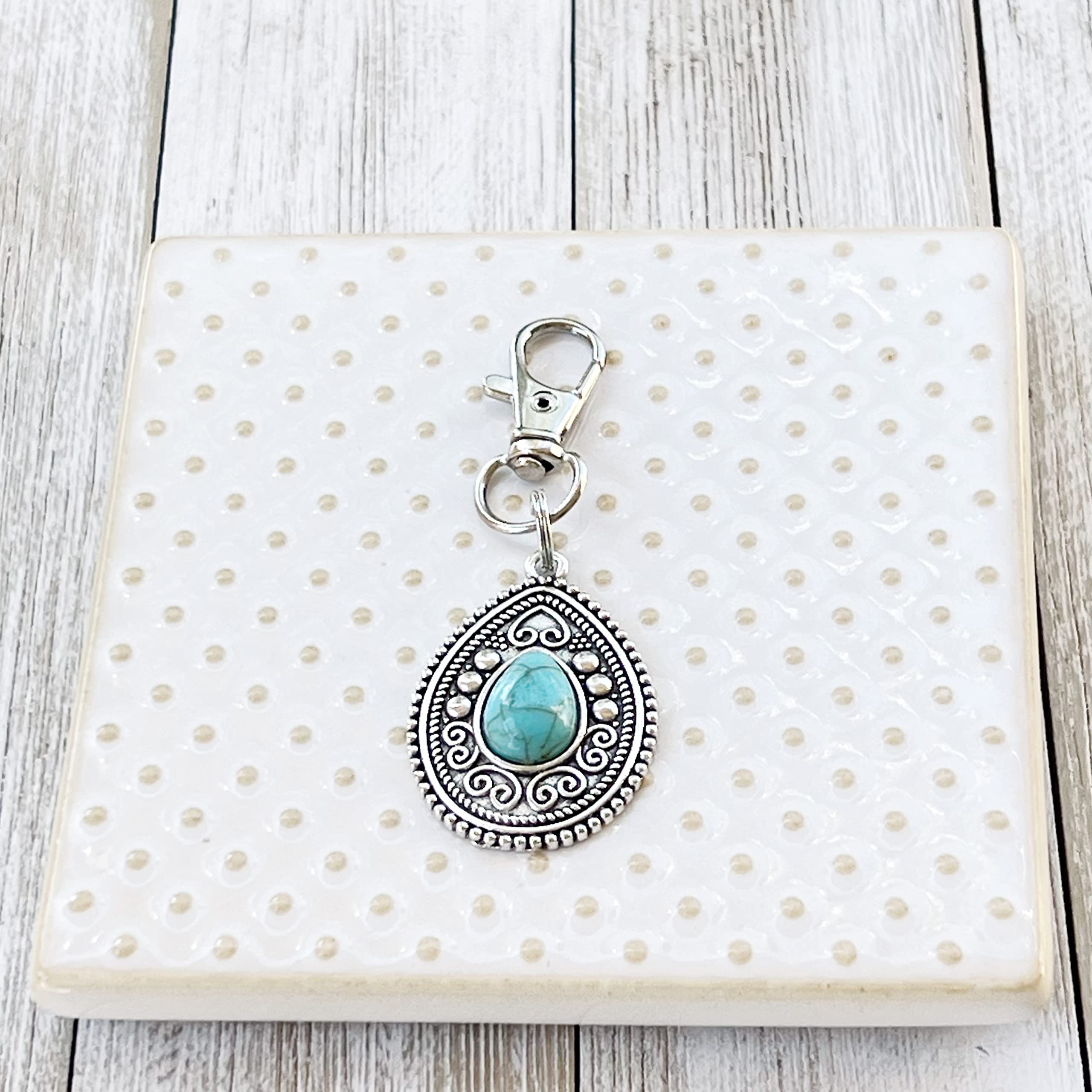 Silver Boho Western Medallion Turquoise Zipper Pull - Handmade Custom Zipper Charms for Backpacks, Purses & Camera Bags | Unique Handbag Jewelry & Cool Keychain Accessories | Perfect for Boho Style Lovers & Western Fashion Enthusiasts