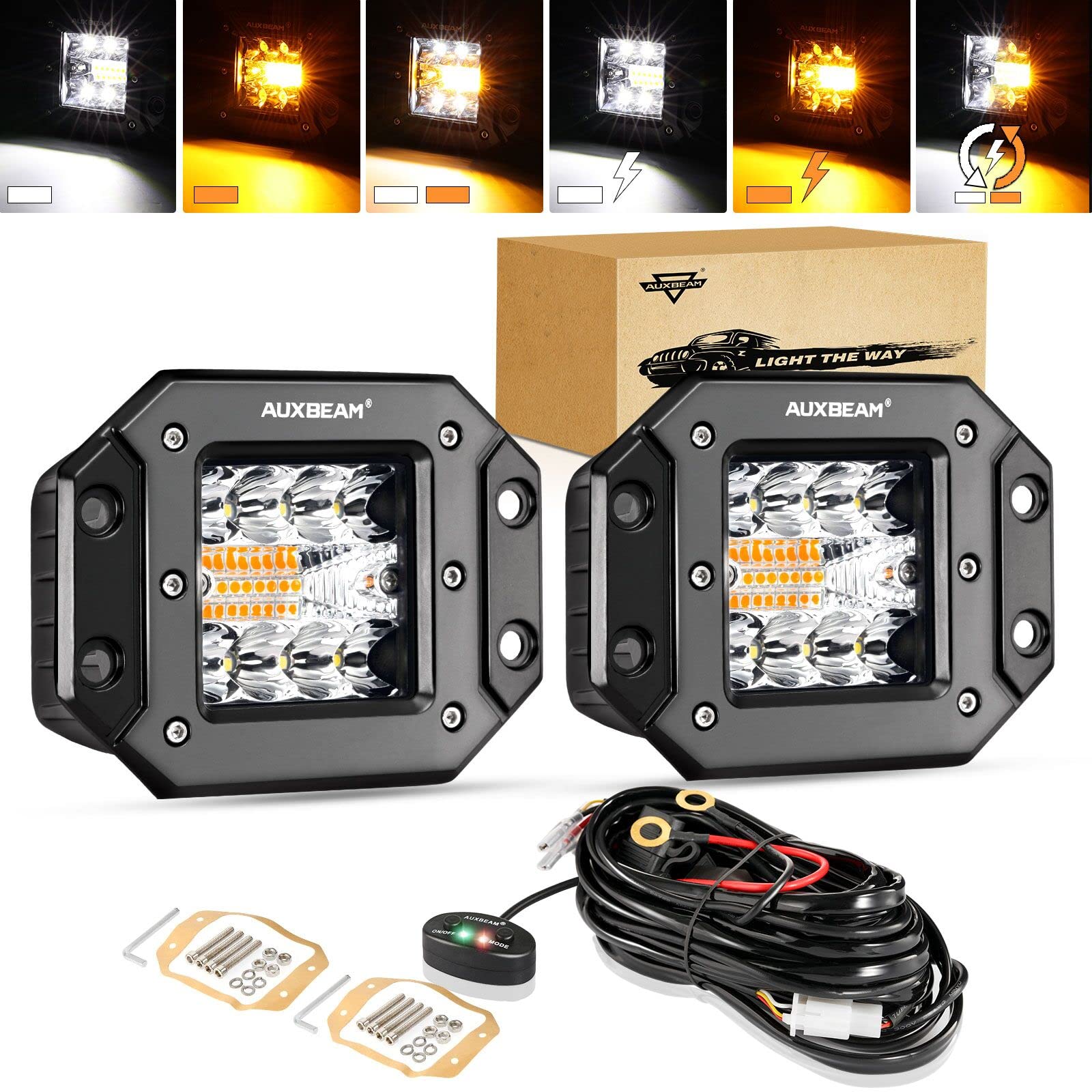 Auxbeam 5-Inch LED Pod Lights 72W Off-Road Light Bar - Flush Mount Driving Strobe Bumper Fog Lights with 6 Modes (White/Amber), Memory Function - Spot Flood Combo for Trucks, ATVs, UTVs, Boats (2-Pack) - Perfect for Off-Roading, Camping & Emergency Vehicles