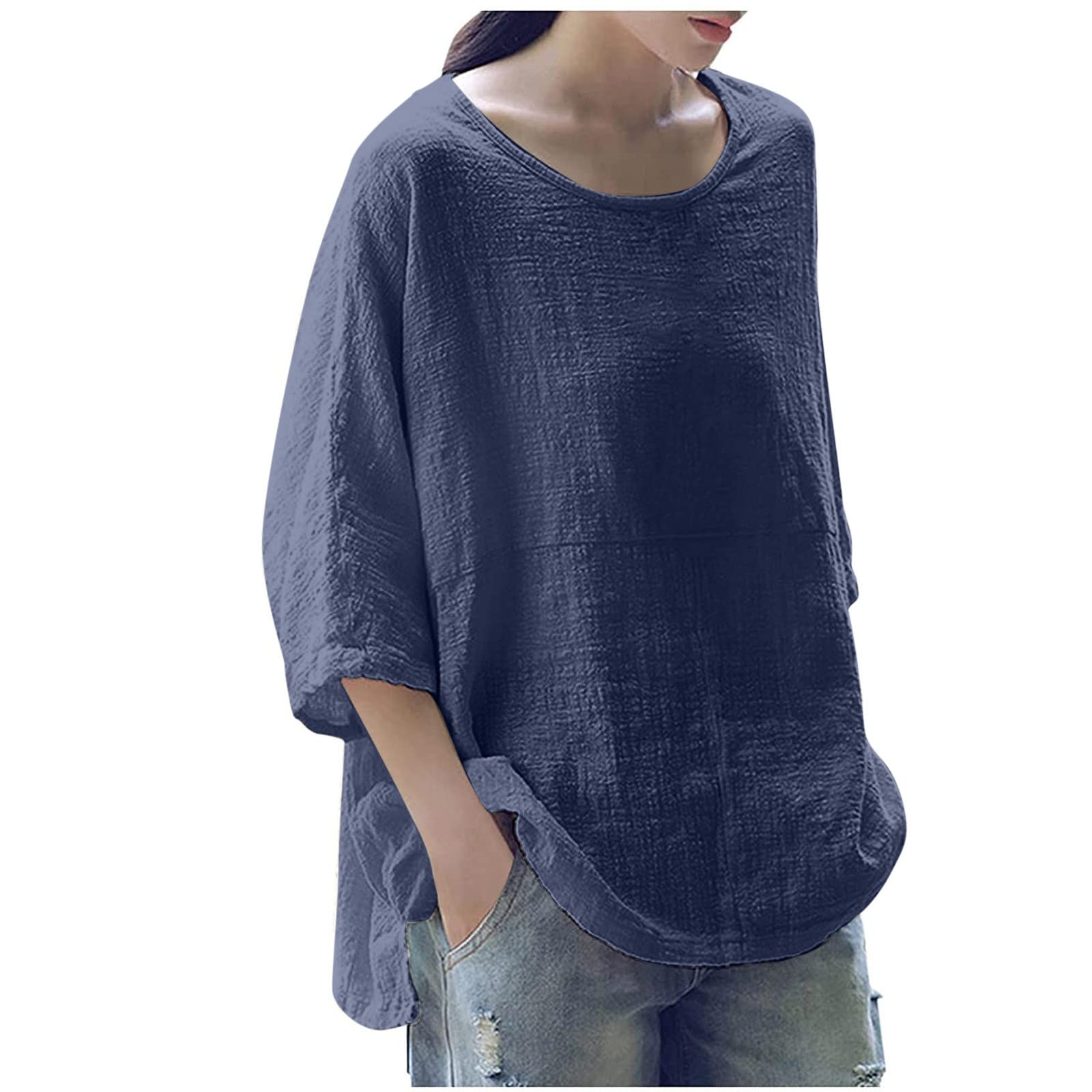 Vintage Cotton Linen 3/4 Sleeve T-Shirt for Women - Solid Color Loose Round Neck Blouse Top | Casual Wear, Office Outfit, Spring & Summer Fashion