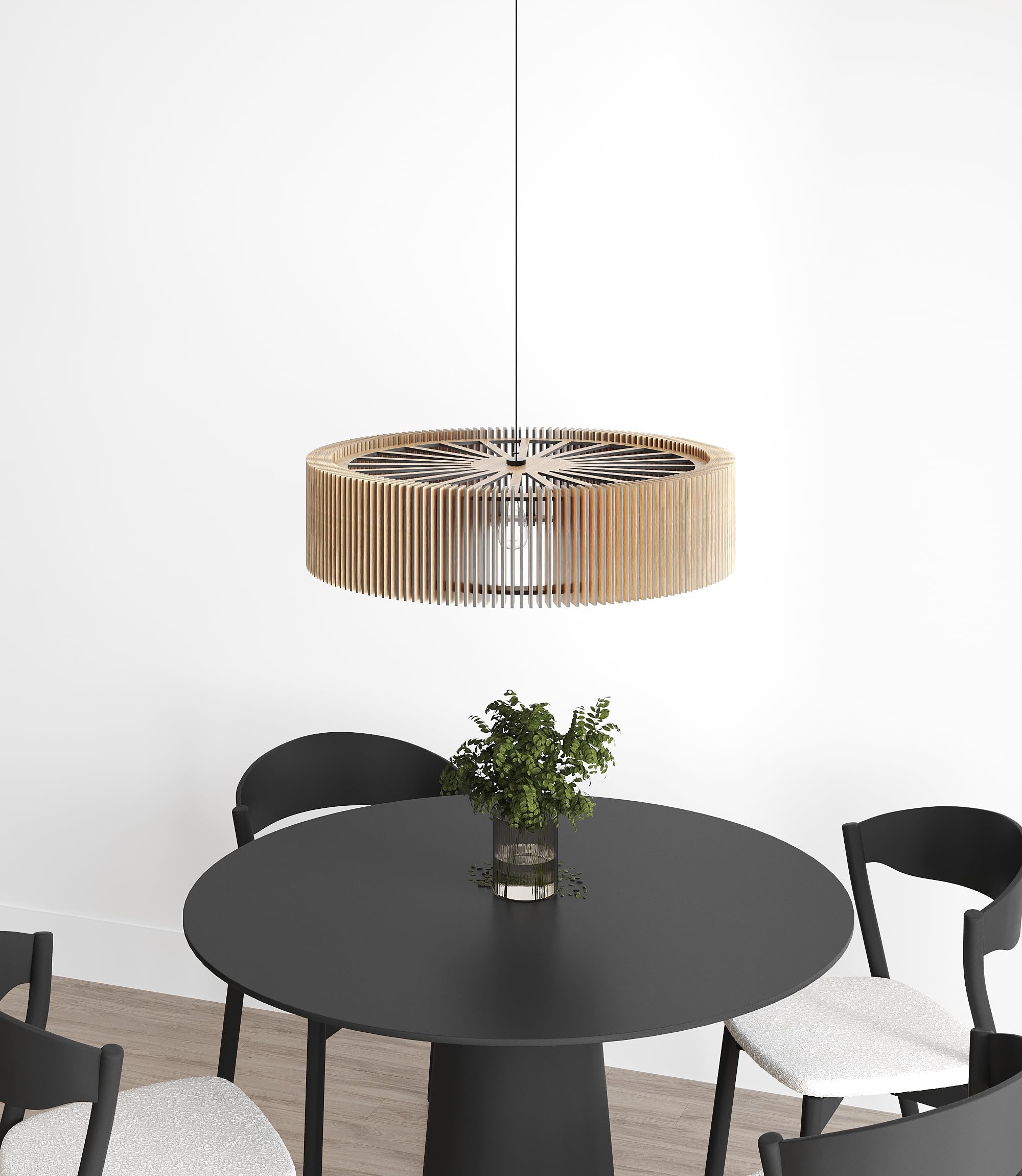 Modern Wooden Pendant Light - Natural Oak Round Chandelier for Kitchen Island, Dining Room & Living Room Ceiling Lighting Fixture with Large Wooden Lampshade - Perfect for Farmhouse, Rustic & Contemporary Home Decor