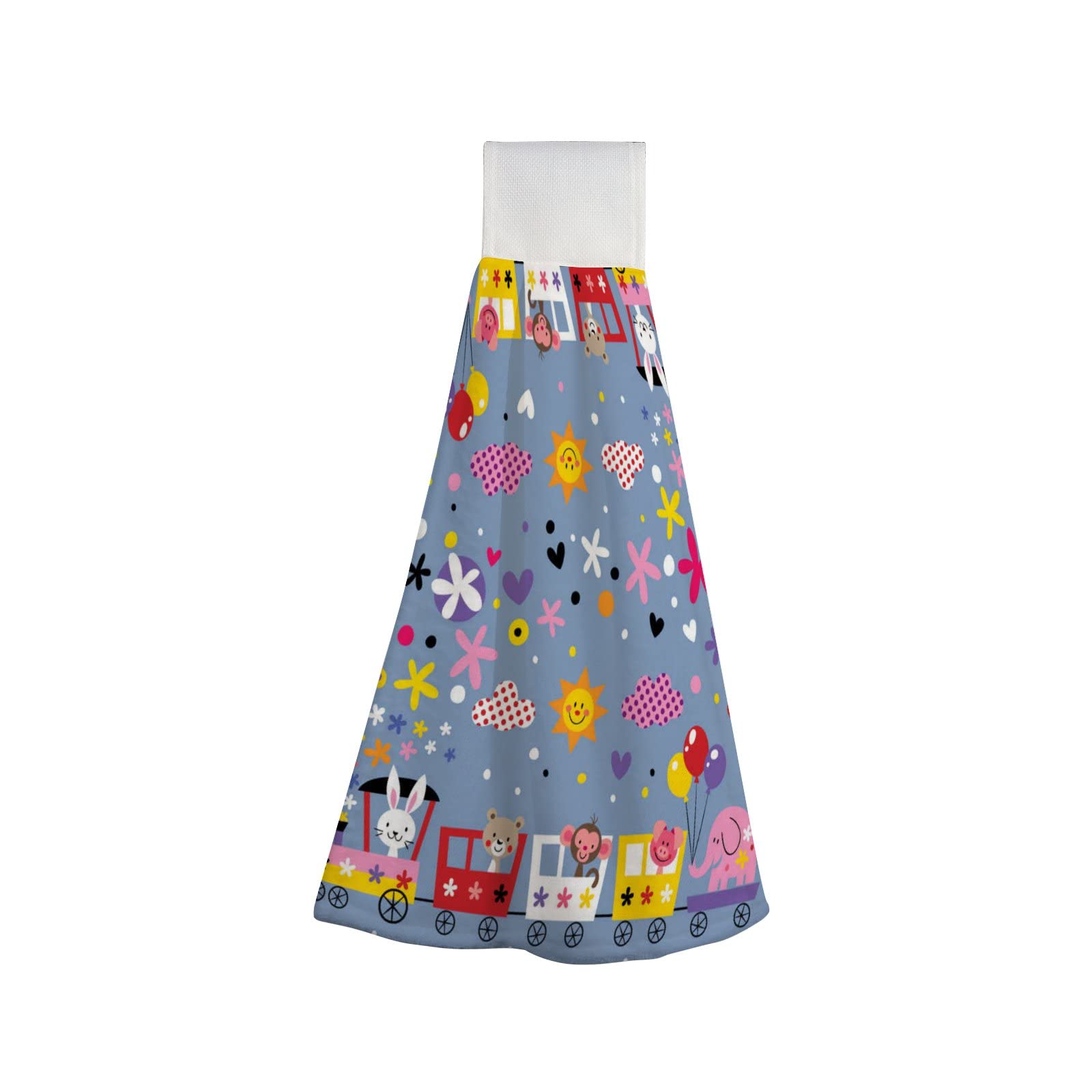 Kids Cartoon Animal Train Hanging Hand Towels Set of 2 - Super Absorbent Soft Bathroom Kitchen Towels with Loops, Machine Washable - Perfect for Kids' Bathrooms, Kitchens & Playrooms