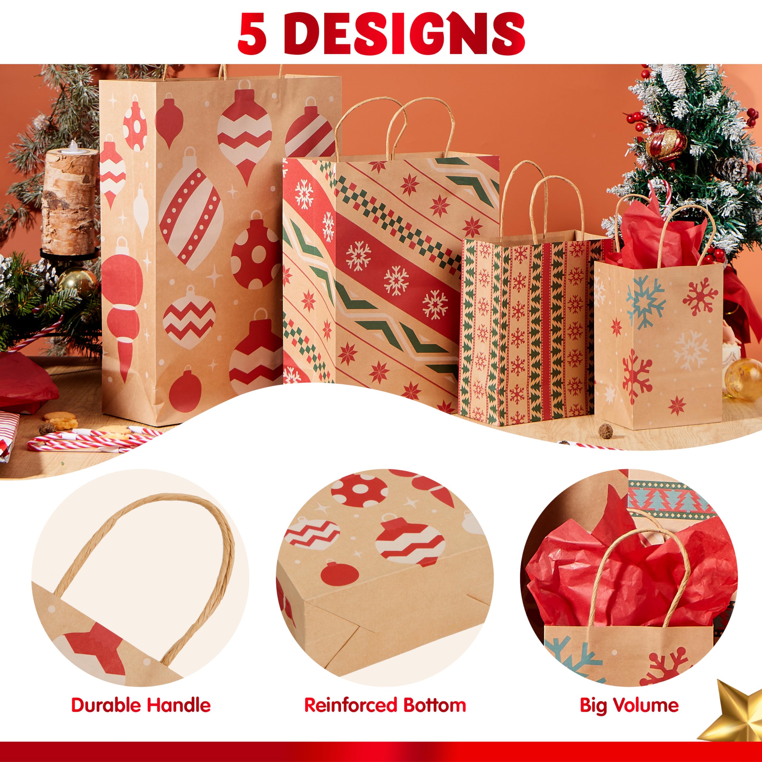 JOYIN 24 PCS Christmas Kraft Gift Bags - Festive Holiday Xmas Paper Gift Bags for Classroom, Party Favors & Christmas Presents | Perfect for Holiday Gifting, School Events & Christmas Party Decorations