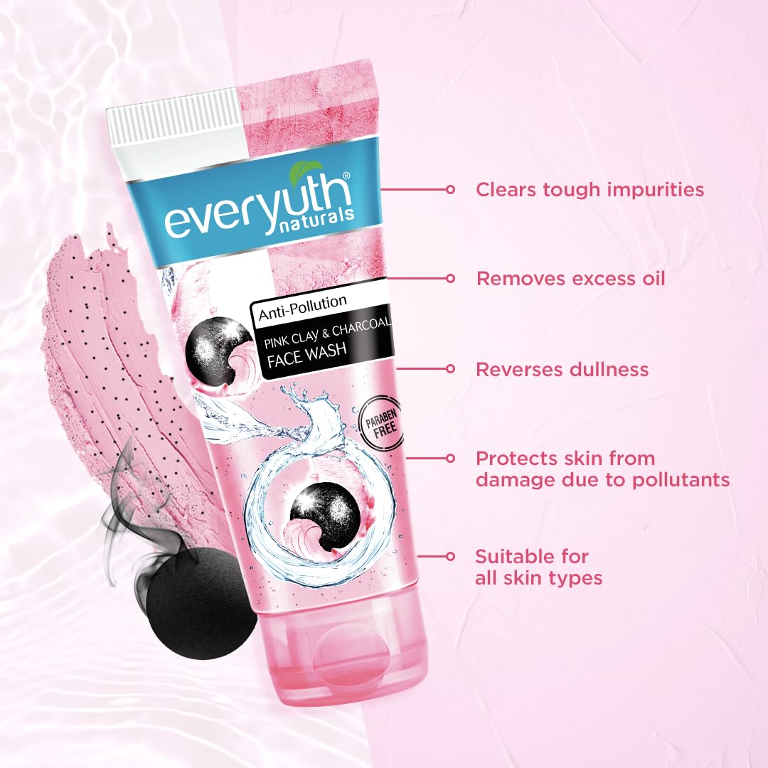 Everyuth Naturals Anti Pollution Pink Clay & Charcoal Face Wash 50g - Deep Cleansing for Acne & Blackheads - Perfect for Daily Skincare Routine
