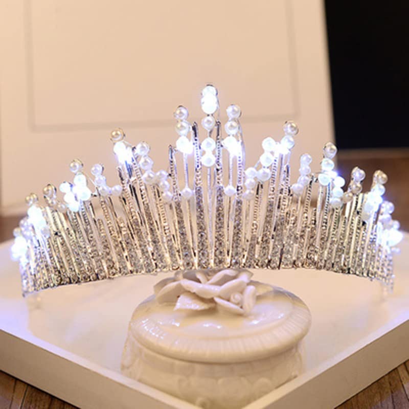 Elegant Bridal Wedding Tiara & LED Princess Crown with Pearl Rhinestones - Crystal Hair Jewelry for 18th Birthday, Pageant & Special Occasions (F White Light) - Perfect for Weddings, Prom, Quinceañeras & Royal-Themed Parties