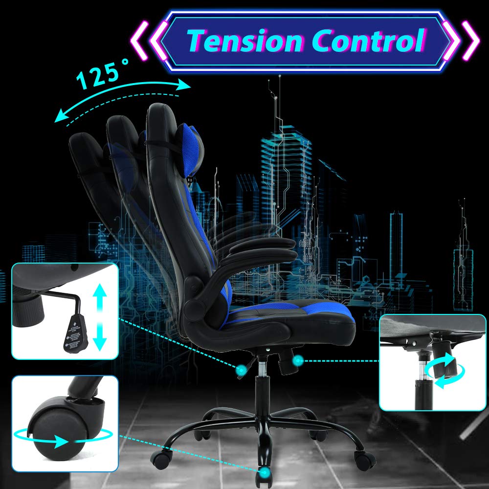 Ergonomic Gaming Chair with Lumbar Support & Headrest - Adjustable PU Leather Office Computer Chair for Video Games, Work & Home Use - Blue