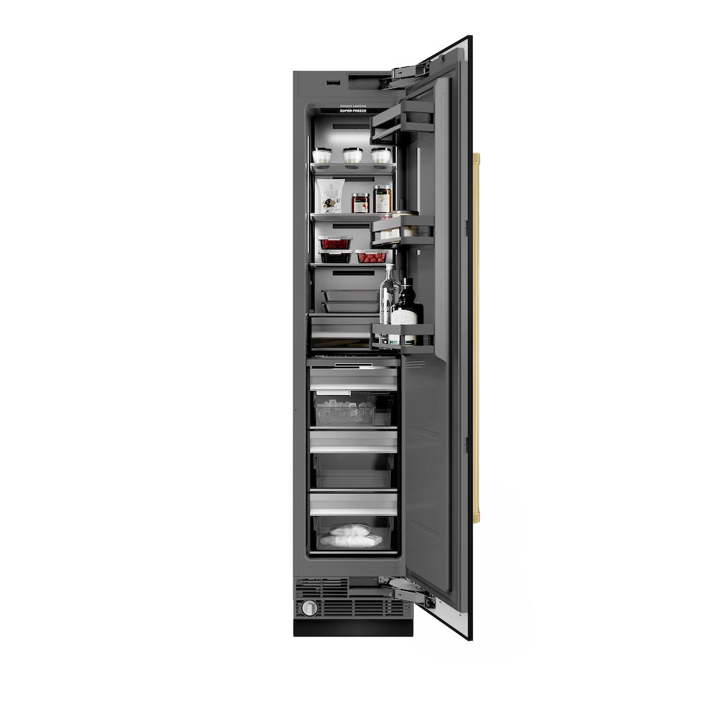 ZLINE Autograph Edition 18-Inch 8.6 cu ft Right Hinge Column Freezer - Black Stainless Steel with Graphite Gray Interior & Polished Gold Accents (RCFVRZ BS 18 G) - Perfect for Home Bar, Wine Cellar, or Kitchen Storage