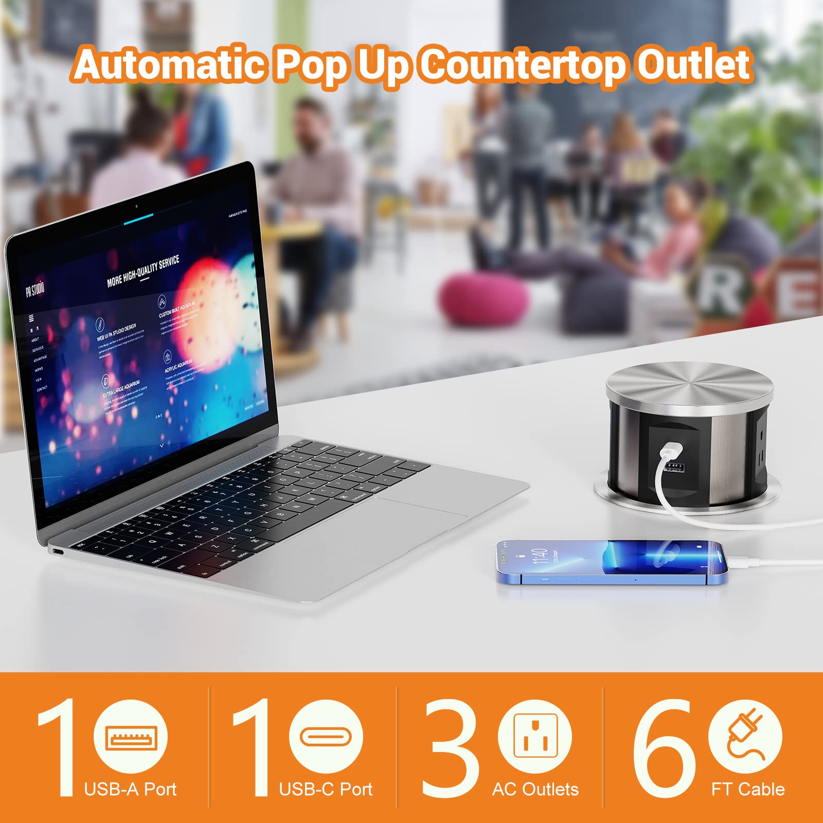 QBA Pop Up Outlet with 3 AC Outlets & Dual USB Ports (USB-A/USB-C) - Retractable Recessed Power Strip for Countertop - Perfect for Office, Kitchen Island, Home Bar & Workspace - Space Saving Black Electrical Outlet