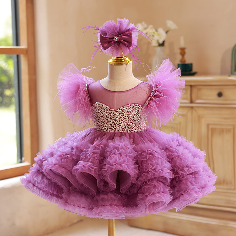 Baby Girl & Toddler Birthday Beaded Prom Dress - Puffy Sleeve Princess Gown for Special Occasions & Photo Shoots