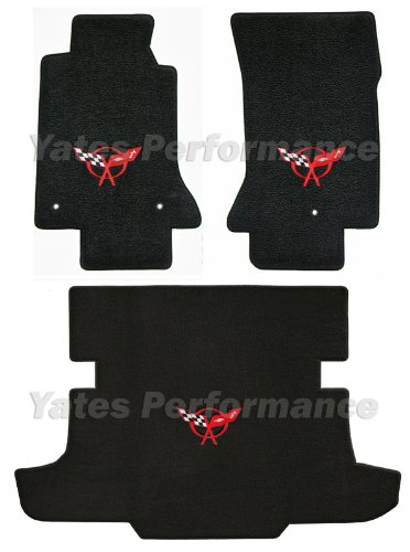 1997-2004 Chevy Corvette C5 Coupe Custom Floor Mats & Trunk Liner Set - Premium Black Carpet with Red Crossed Flags Emblem | Perfect for Car Shows, Daily Driving & Interior Protection