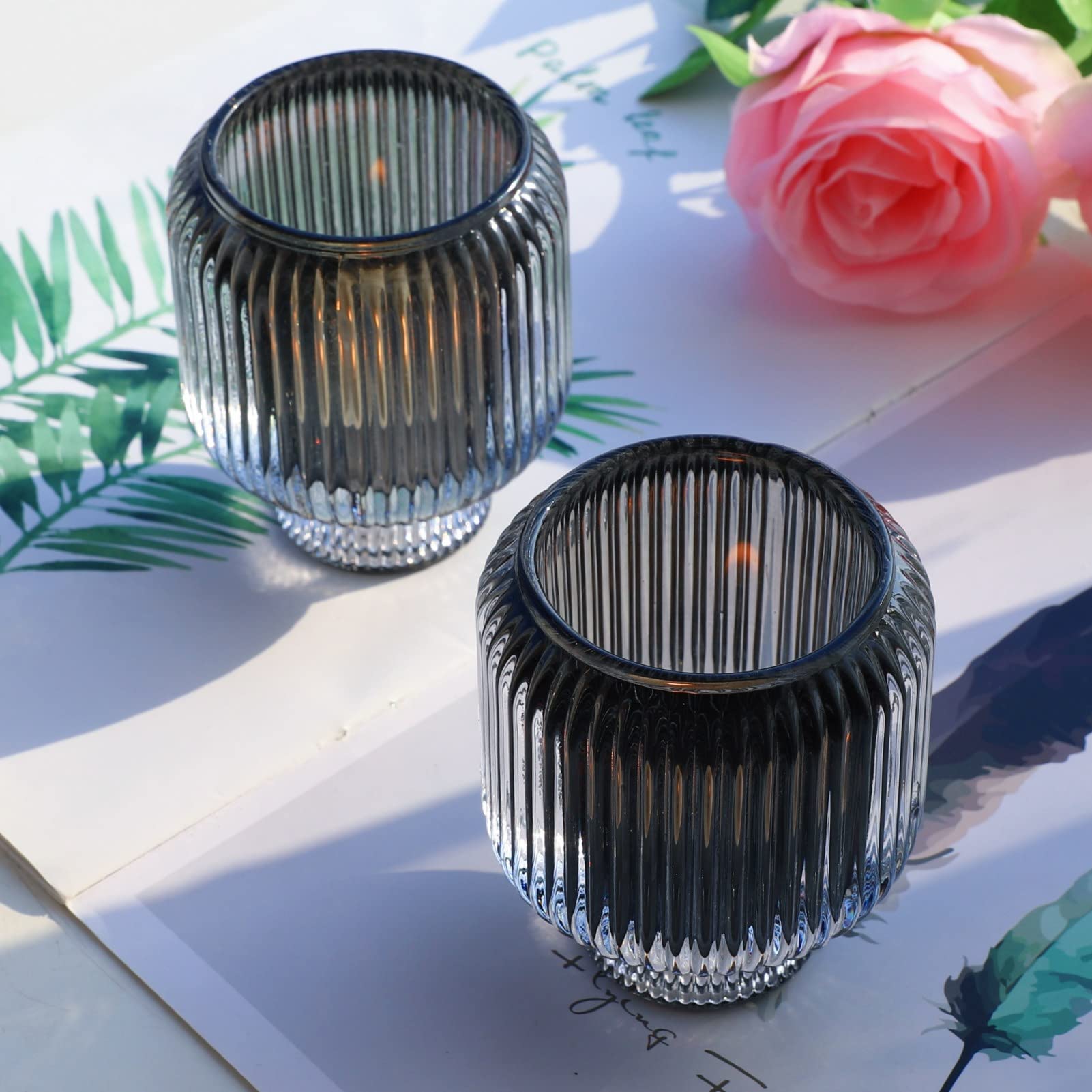 Woho Grey Glass Votive Candle Holders - Set of 2 for Table Centerpiece, Home Decor & Bulk Tealight Holders - Perfect for Birthday Parties, Weddings & Romantic Dinner Settings