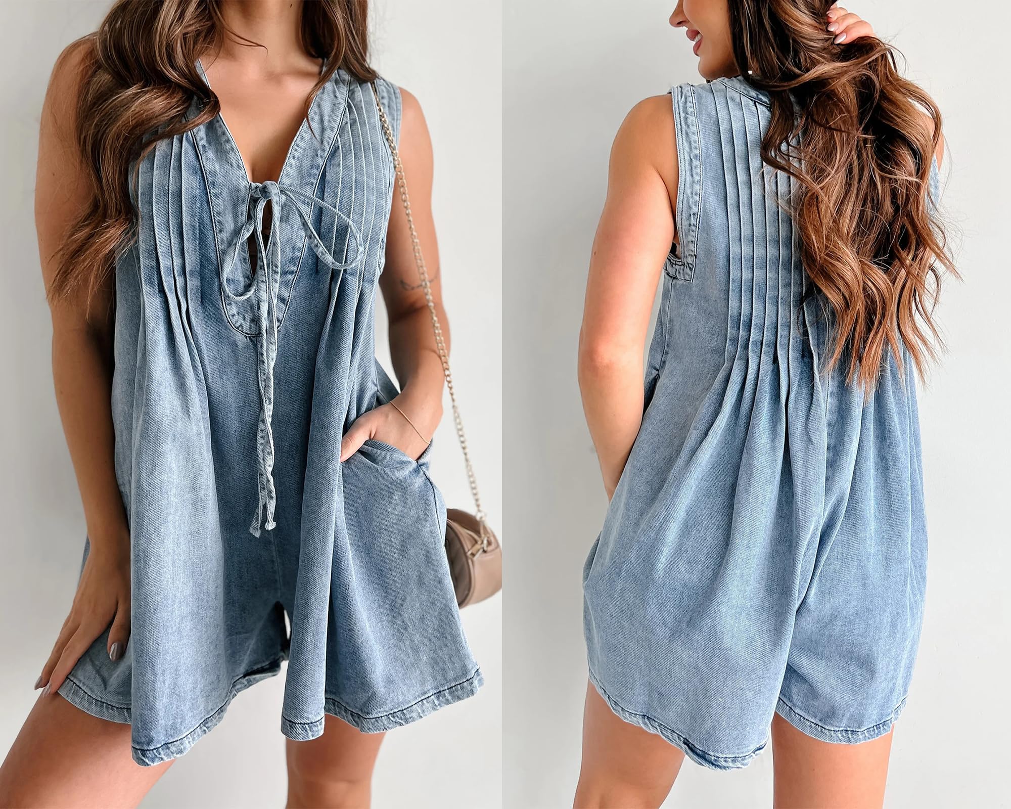 UTCoco Women's Summer Casual Sleeveless Denim Romper - Tie Front V-Neck Jean Overall Shorts with Pockets | Perfect for Beach Outings, Music Festivals & Summer Vacations