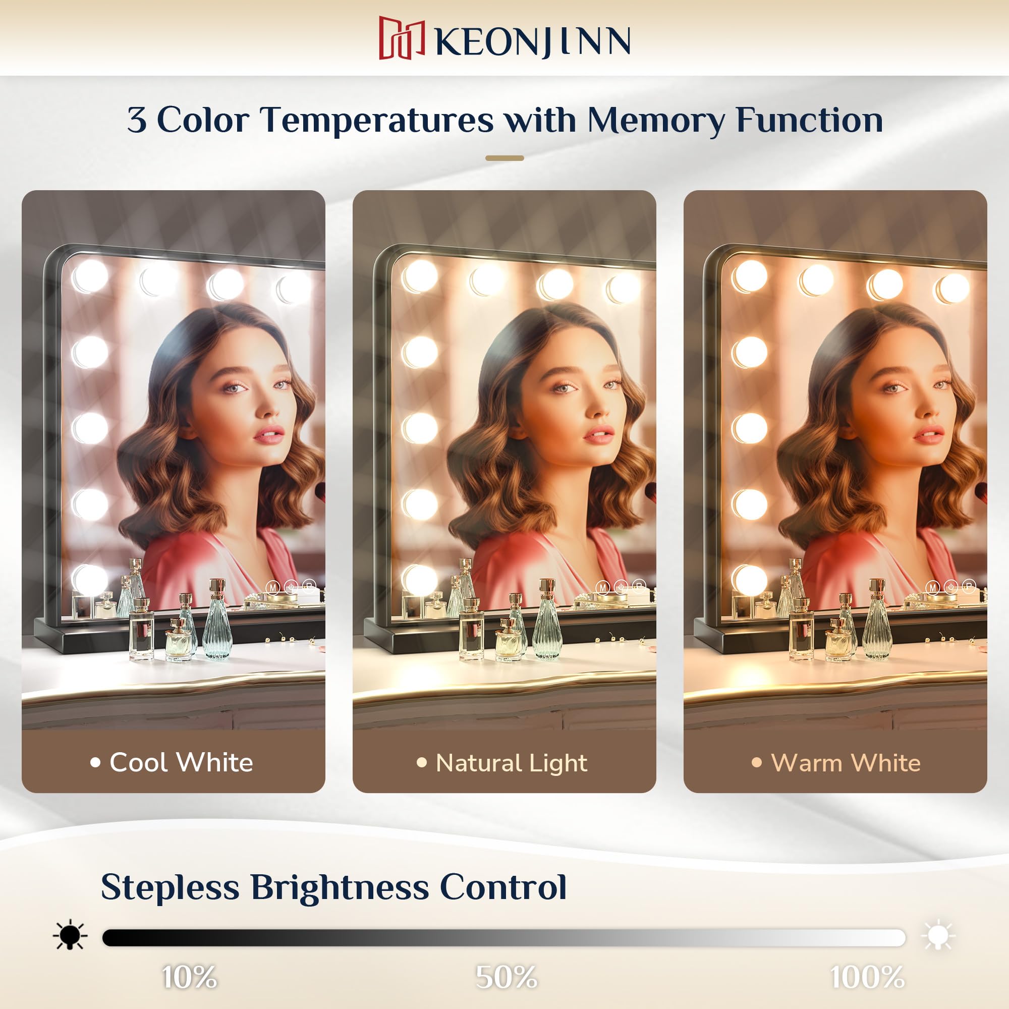 Keonjinn Hollywood Vanity Mirror with Lights - 15 Replaceable Bulbs, 3 Color Modes, USB Charging, Aluminum Frame (23