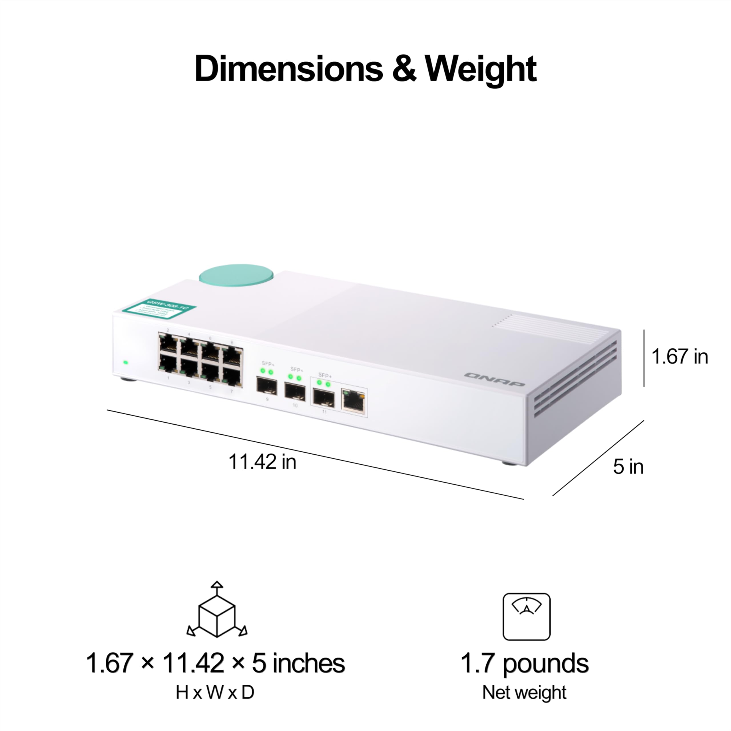 QNAP QSW-308-1C 10GbE Network Switch - 3-Port 10G SFP+ (Including 1 Combo SFP+/RJ45 Port) & 8-Port Gigabit Unmanaged Switch for Home Office, Small Business & Data Center Networking