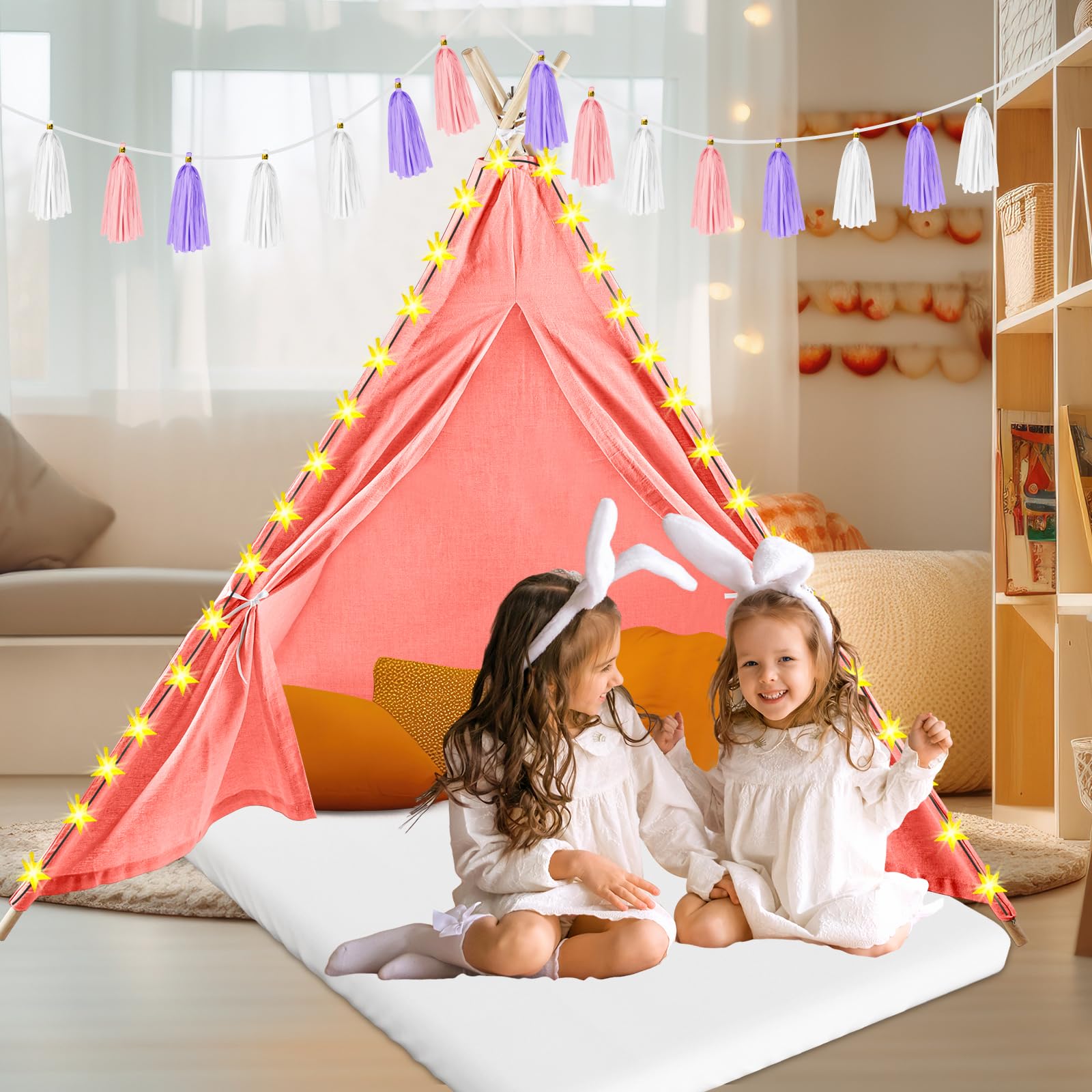 PLULON 4 Pack Pink Teepee Tent for Kids - Indoor Outdoor Play Tent with Inflatable Airbed & Decorations - Perfect for Girls Slumber Parties, Sleepovers, and Backyard Camping Adventures