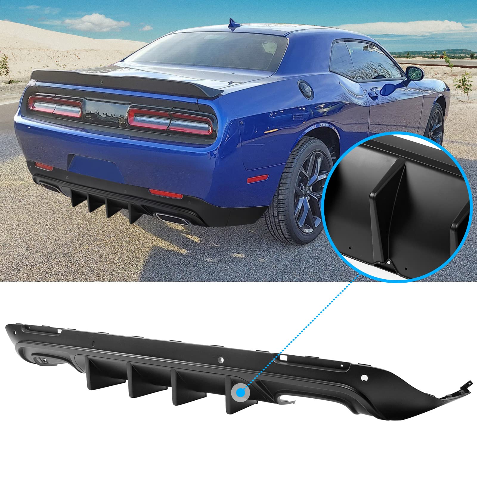 FREEMOTOR802 Rear Diffuser for 2015-2023 Dodge Challenger | IKON V1 Style Matte Black PP Bumper Lip Valance | 4-Piece Shark Fin Splitter Kit | Enhances Aerodynamics & Sporty Look for Street Racing & Car Shows