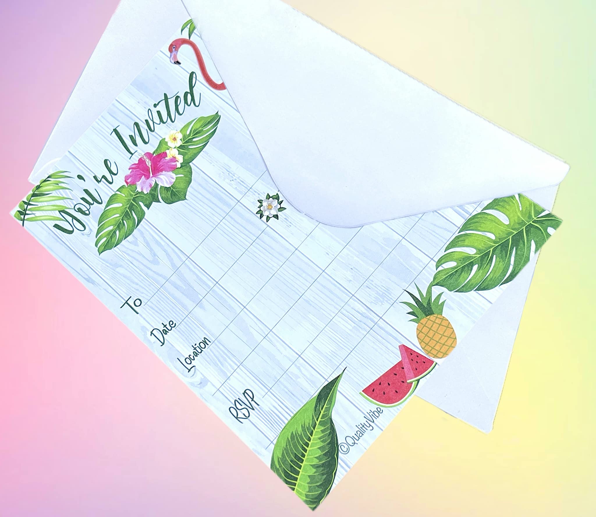 25 Premium Flamingo Themed Party Invitations with Envelopes - Tropical Pineapple & Watermelon Design for Birthdays, Baby Showers, Bridal Showers & Beach Parties - Thick Uncoated Cardstock Works with All Pens - Perfect for Summer Pool Parties & Luau Events