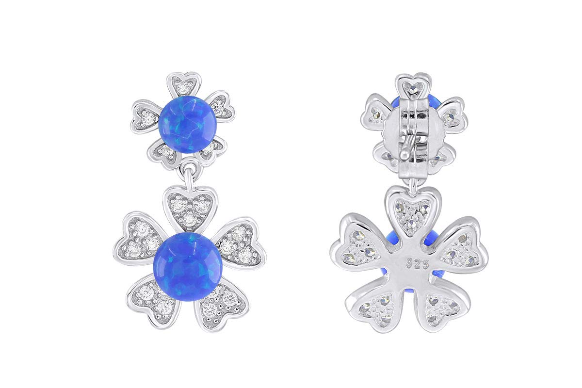 14k White Gold Over Sterling Silver Round Simulated Opal & Cubic Zirconia Flower Dangle Earrings | Elegant Jewelry for Weddings, Parties & Special Occasions