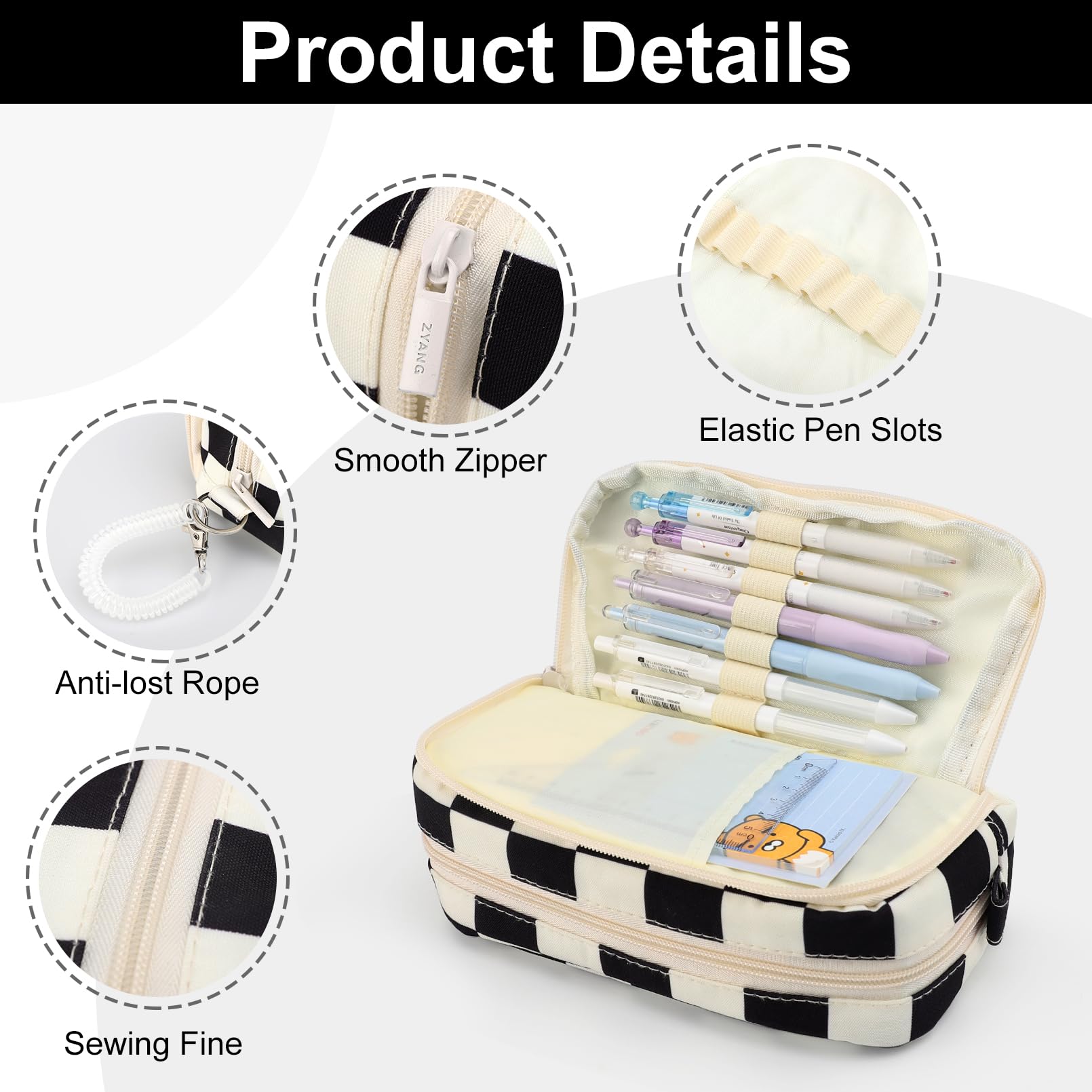Large Capacity Zippered Pencil Case - Aesthetic Office Stationery & Makeup Organizer for Women & Teen Girls | Perfect for School, Work & Travel (Black)