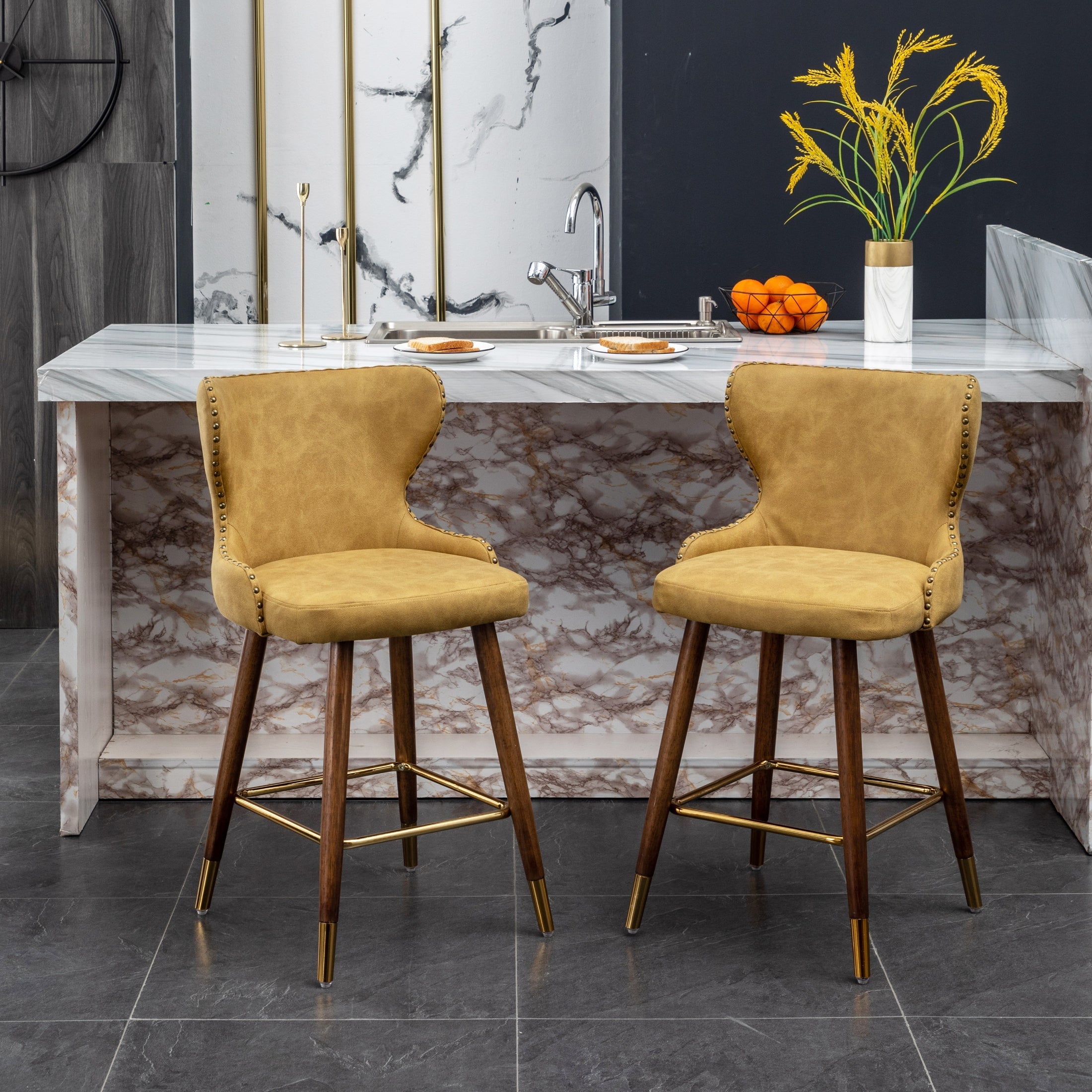 Roundhill Furniture Nevis Mid-Century Modern Faux Leather Tufted Counter Stools with Nailhead Trim - Set of 2, Yellow - Perfect for Kitchen Islands, Breakfast Bars & Home Decor