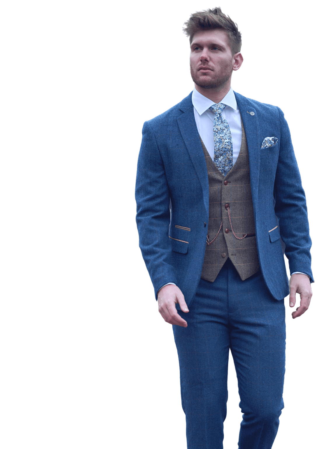 Marc Darcy Dion Men's 3 Piece Blue Tweed Suit - Classic Slim Fit Wedding Suit, Business Formal Attire for Office, Party & Special Occasions