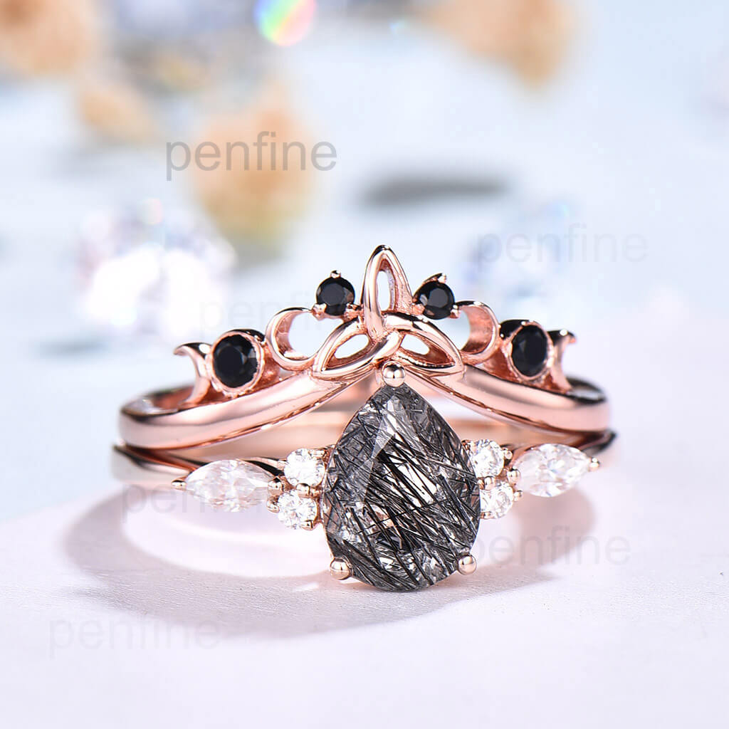 Black Diamond & Rutilated Quartz Engagement Ring for Women – Pear-Shaped Black Gemstone Wedding Band – Perfect for Proposals, Anniversaries & Special Occasions