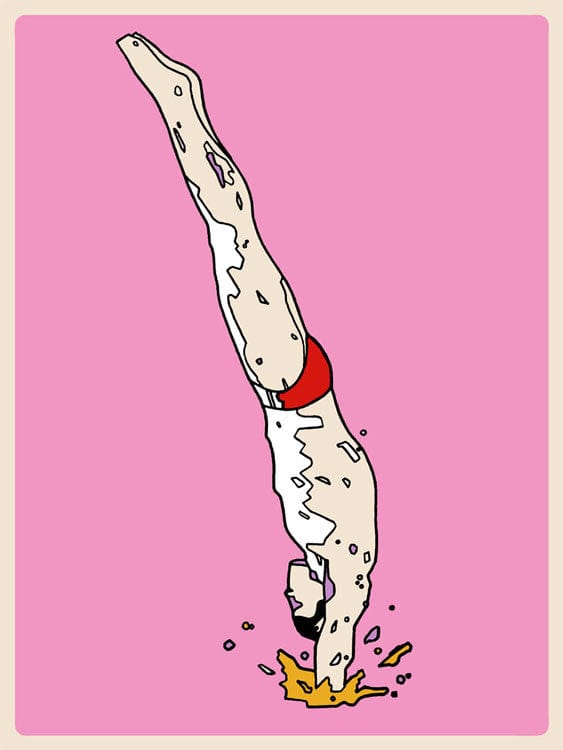 Vintage Pink Human Diver Sonny Day Poster - Retro Wall Art Decor for Beach House, Surf Shop & Bedroom Aesthetic