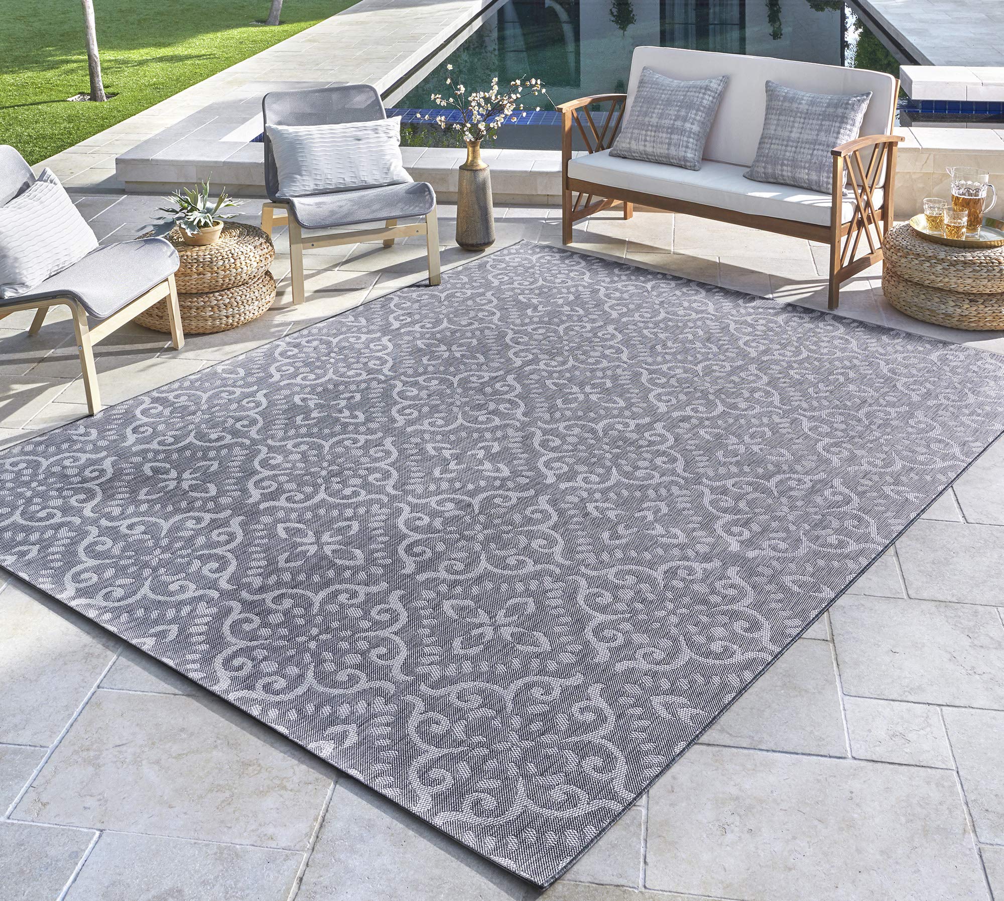 Gertmenian 21646 Outdoor Rug 8x10 - Nautical Themed Waterproof Patio Carpet for Deck, Garden & Poolside - Gray Beige Floral Medallion Design - Freedom Collection Smart Care Technology - Perfect for Outdoor Entertaining & Coastal Decor