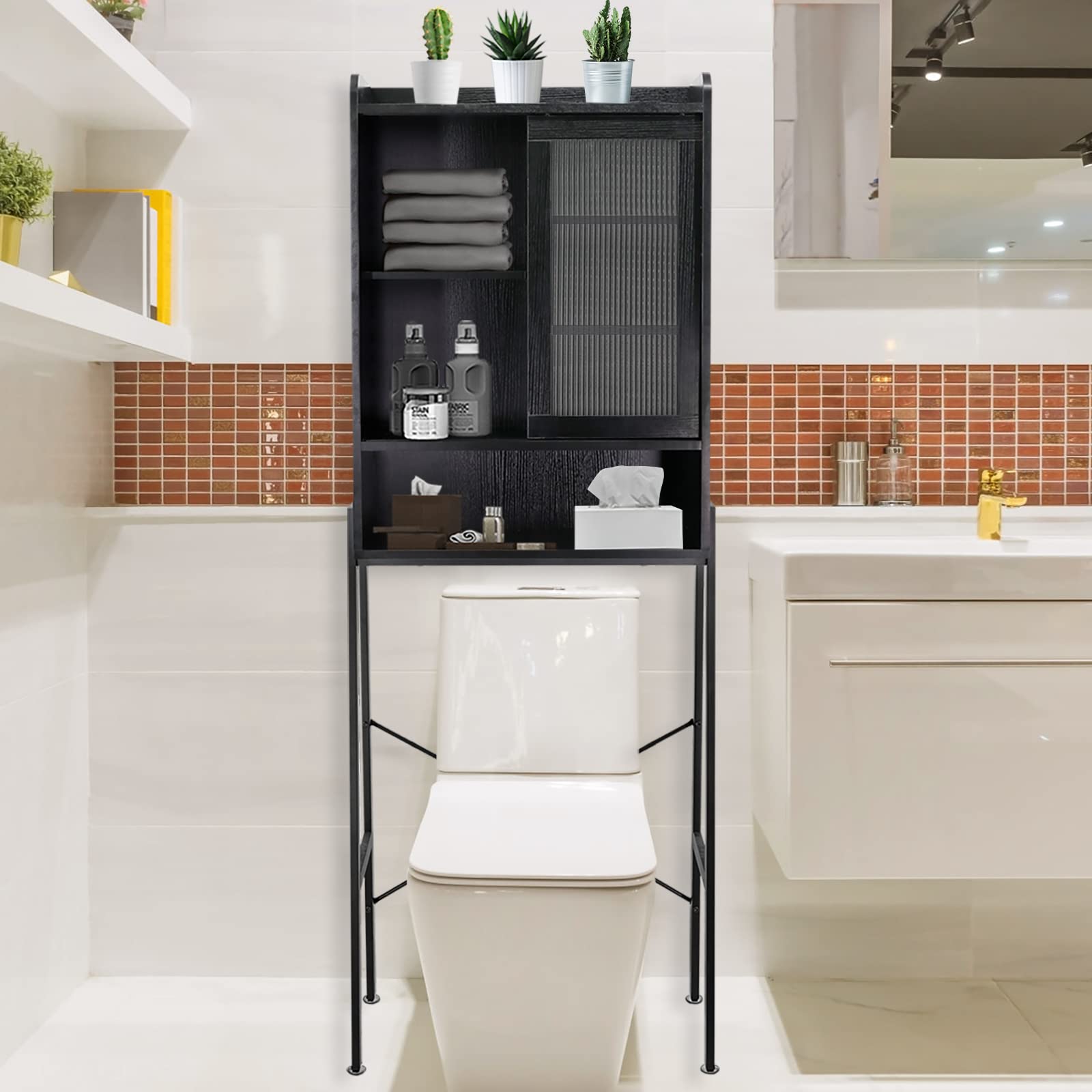 Over Toilet Storage Cabinet - Freestanding Bathroom Organizer with Adjustable Shelves & Acrylic Sliding Door | Space Saving Metal Frame Shelf for Towels, Toiletries & Bathroom Essentials | Perfect for Small Bathrooms, Apartments & Powder Rooms