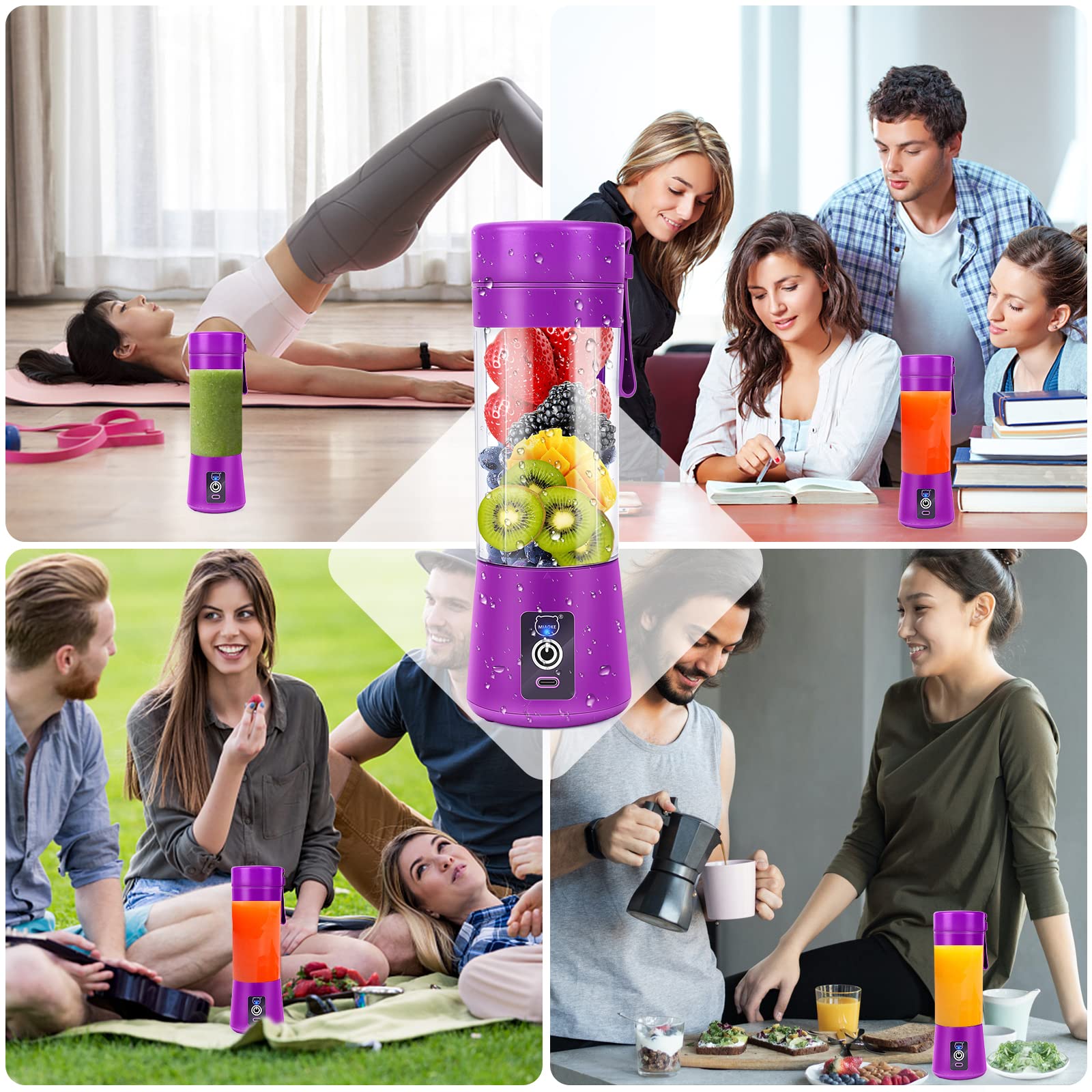 Portable USB Rechargeable Mini Blender - MIAOKE 3D 6-Blade Personal Smoothie Maker for Juice, Shakes & Drinks - Perfect for Home, Office, Gym & Travel - Dark Purple