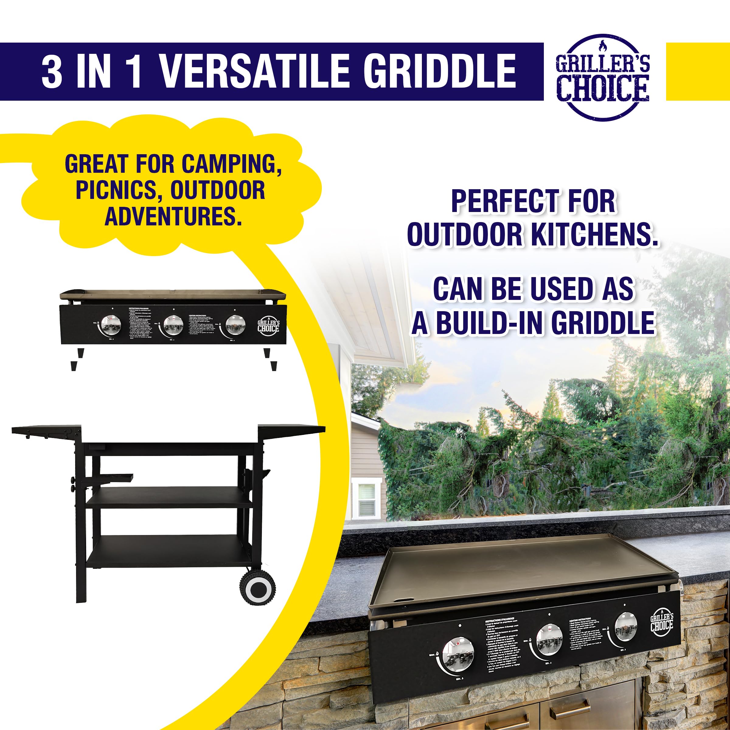 Premium Gas Griddle with Hinged Hood & Wind Guards - 4-Tier Outdoor Cooking Griddle with Removable Lid, Front Grease Management & Back Hooks - Perfect for Backyard BBQs, Camping & Tailgating Parties