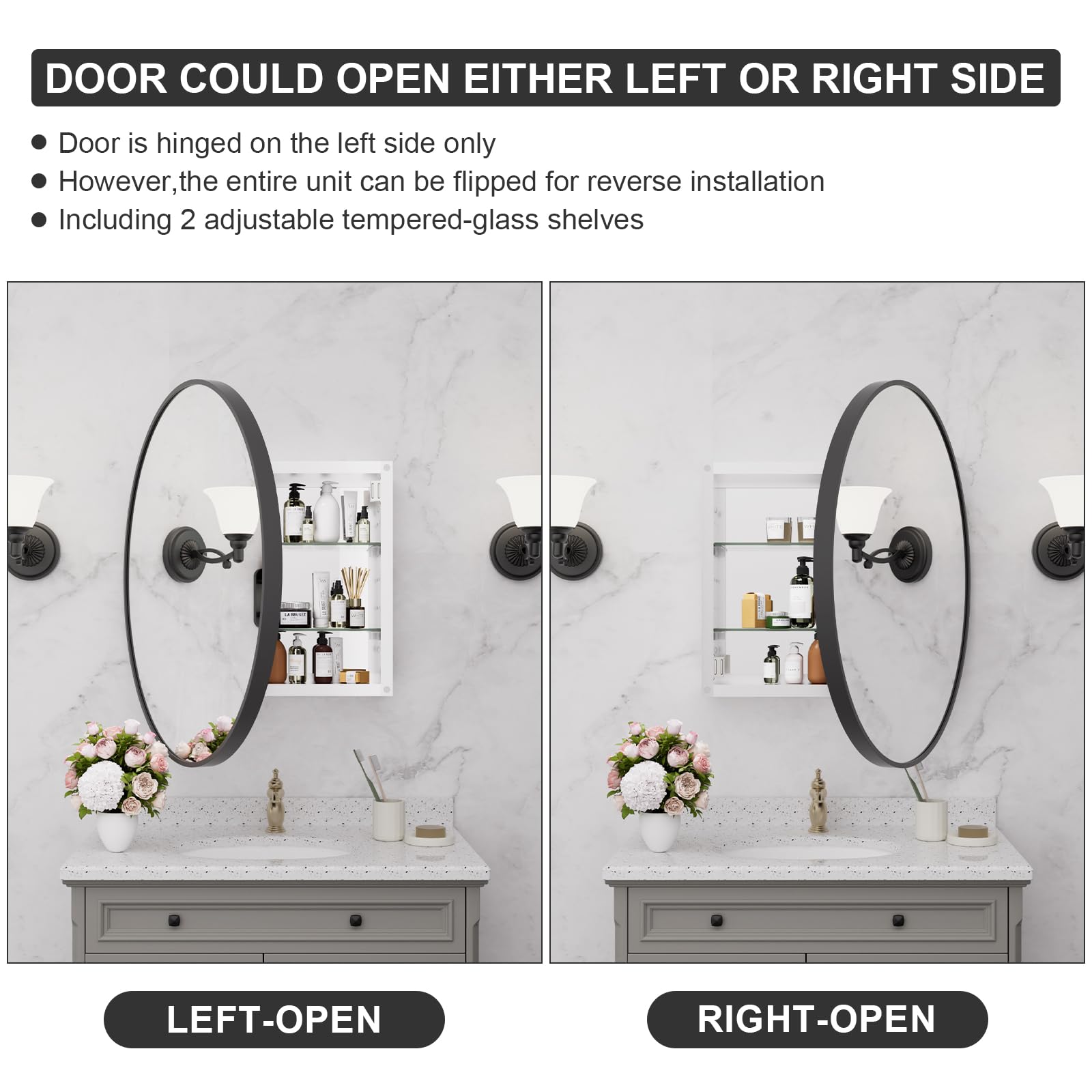 24 Inch Black Round Wall Mounted Medicine Cabinet with Mirror - Aluminum Alloy Metal Frame, Surface Mount Bathroom Storage | Perfect for Small Bathrooms, Powder Rooms & Vanity Areas