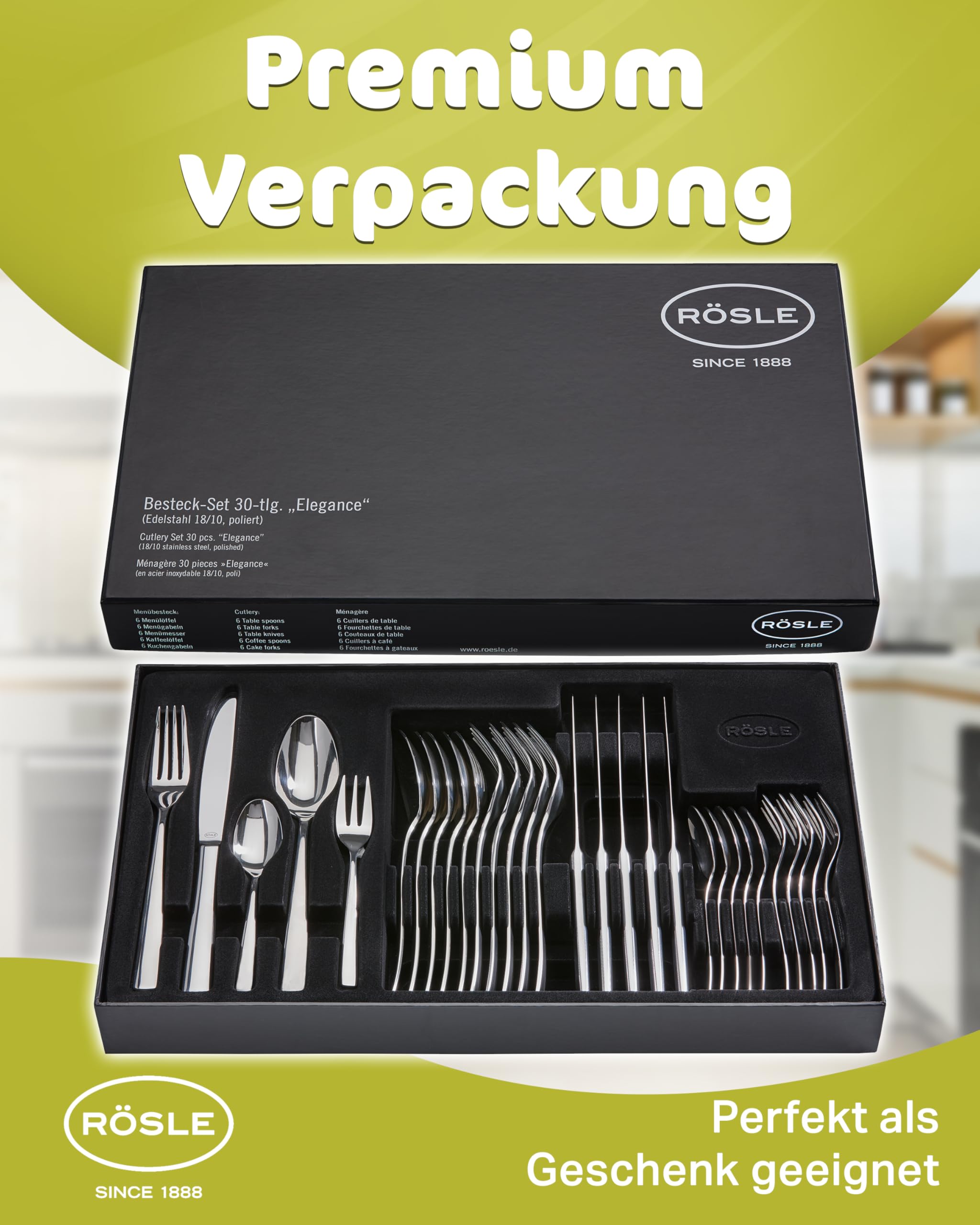 Premium Rosle 5-Piece Stainless Steel Cutlery Set - Knife Fork Spoon Set for Dining, Kitchen & Camping - Mirror Polished Silver Flatware for Restaurants, Home & Outdoor Use