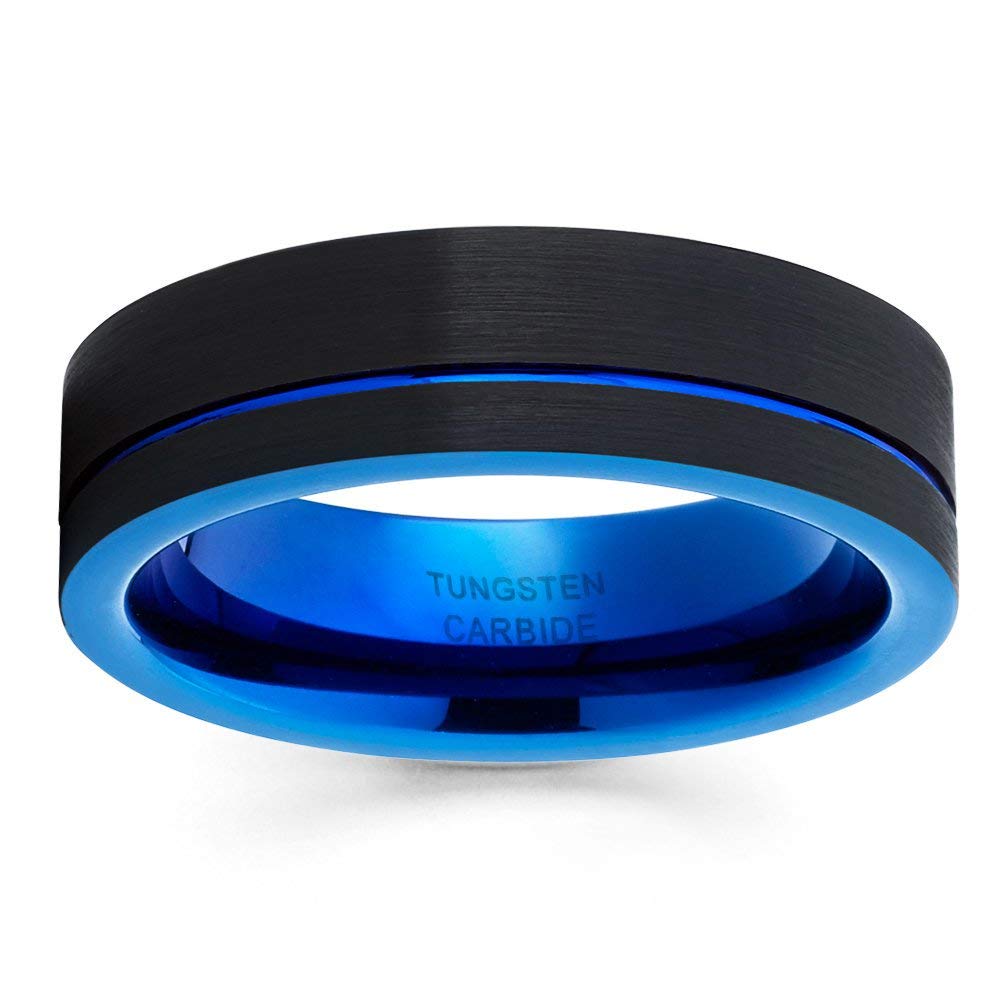 6mm Blue Tungsten Wedding Band for Men - Comfort Fit Anniversary & Engagement Ring - Durable Black Brushed Tungsten Ring for Everyday Wear & Special Occasions
