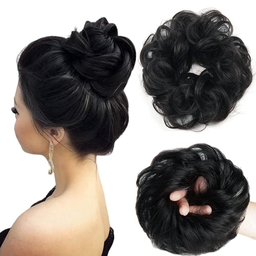 SEVAM 2-Pack Messy Hair Bun Extensions for Women - Elastic Rubber Band Hairpiece, Synthetic Hair Scrunchies in Natural Black - Perfect for Updos, Ponytails & Everyday Hairstyles