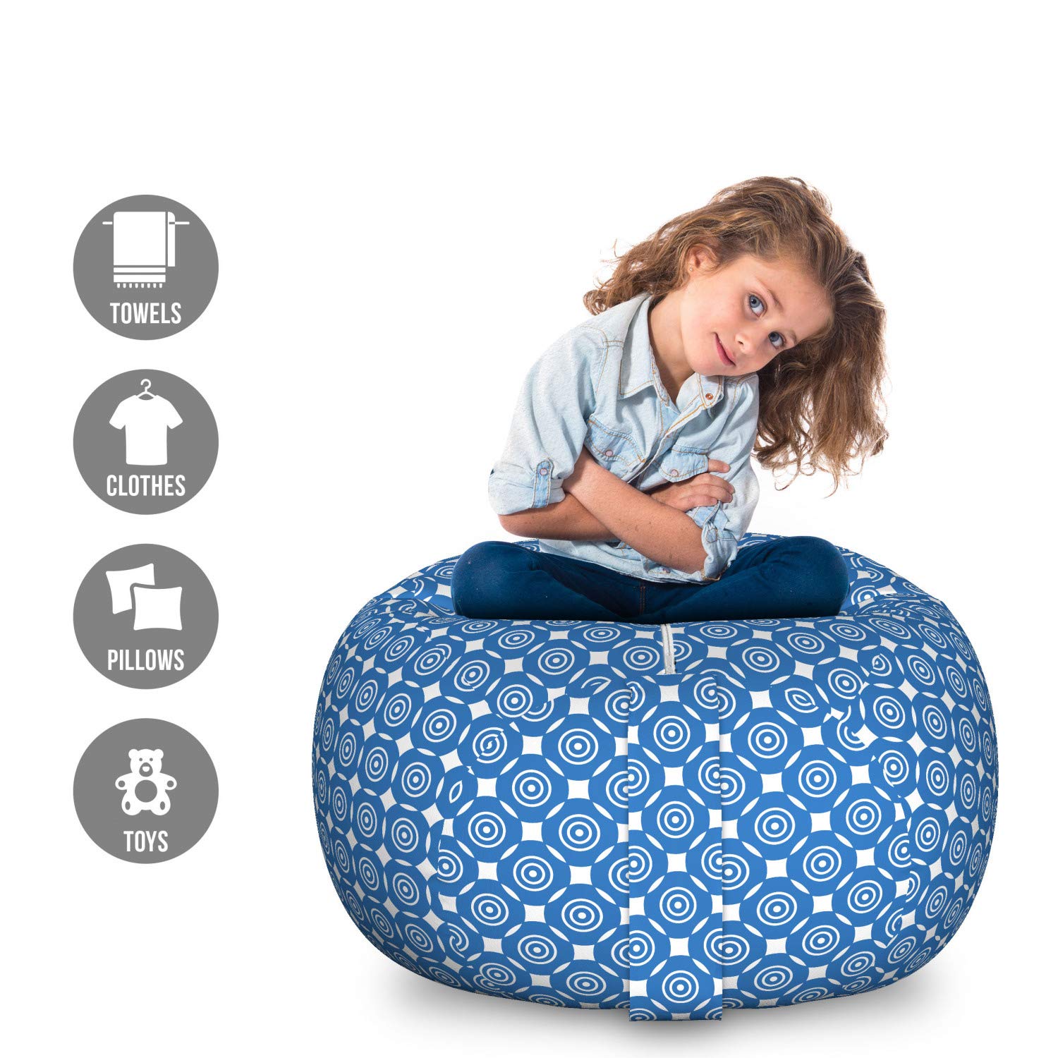 Ambesonne Blue and White Storage Toy Bag Chair - Large Washable Stuffed Animal Organizer with Bullseye Circles & Geometric Design - Perfect for Kids' Room, Playroom, and Dorm Organization