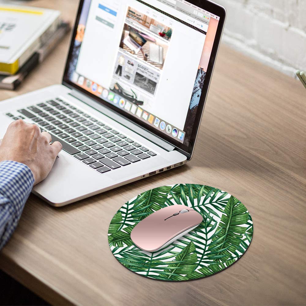 Non-Slip Tropical Palm Leaves Round Mouse Pad with Coasters Set - Ergonomic Rubber Mousepad for Computer & Laptop - Perfect Office Accessories & Desk Decor for Home, Gaming, and Workstations