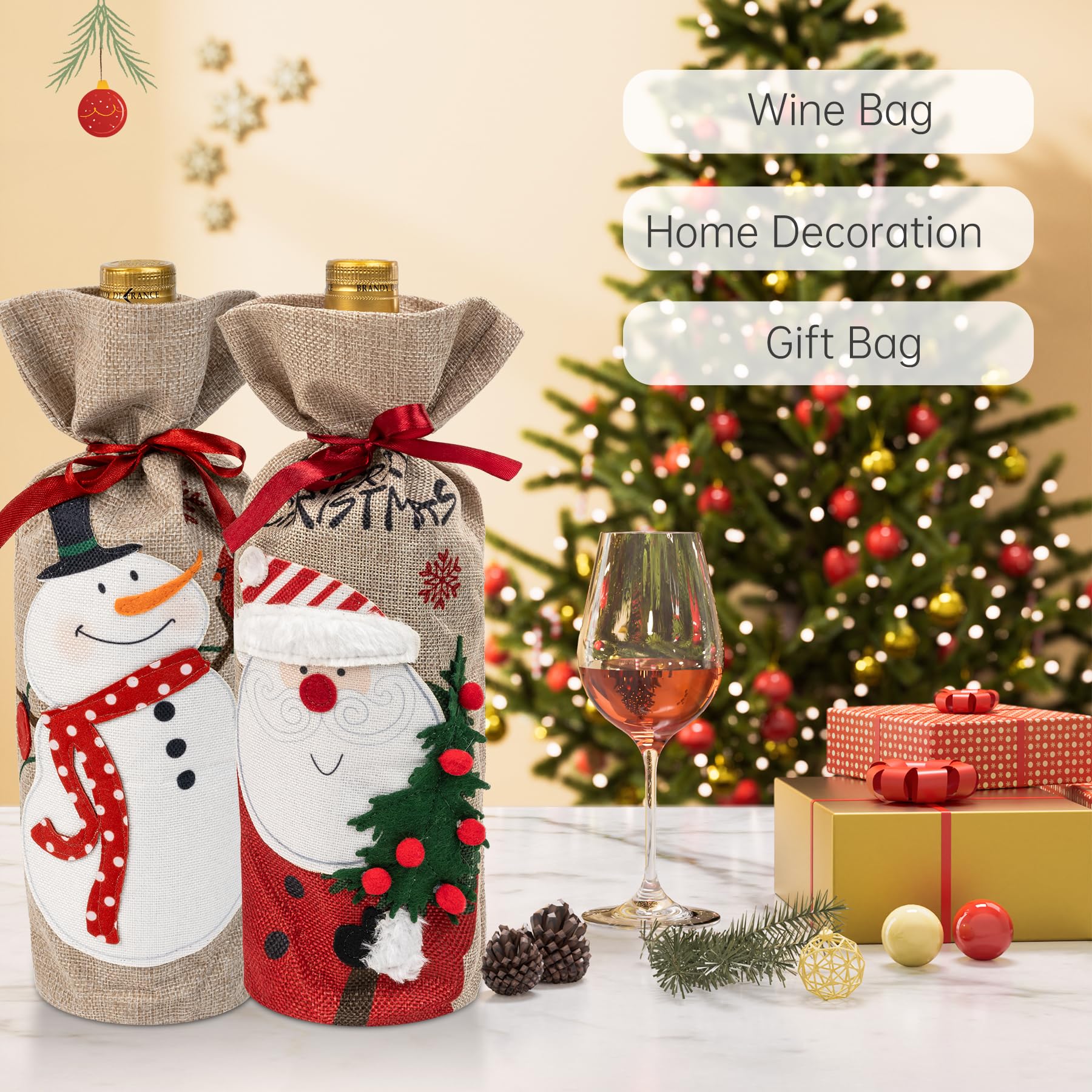 Amazer 2 Pack Christmas Wine Gift Bags - Burlap Drawstring Wine Bottle Covers with 3D Holiday Patterns for Gifting & Party Decor (Red/Green) | Perfect for Christmas Parties, Hostess Gifts & Wine Lover Presents