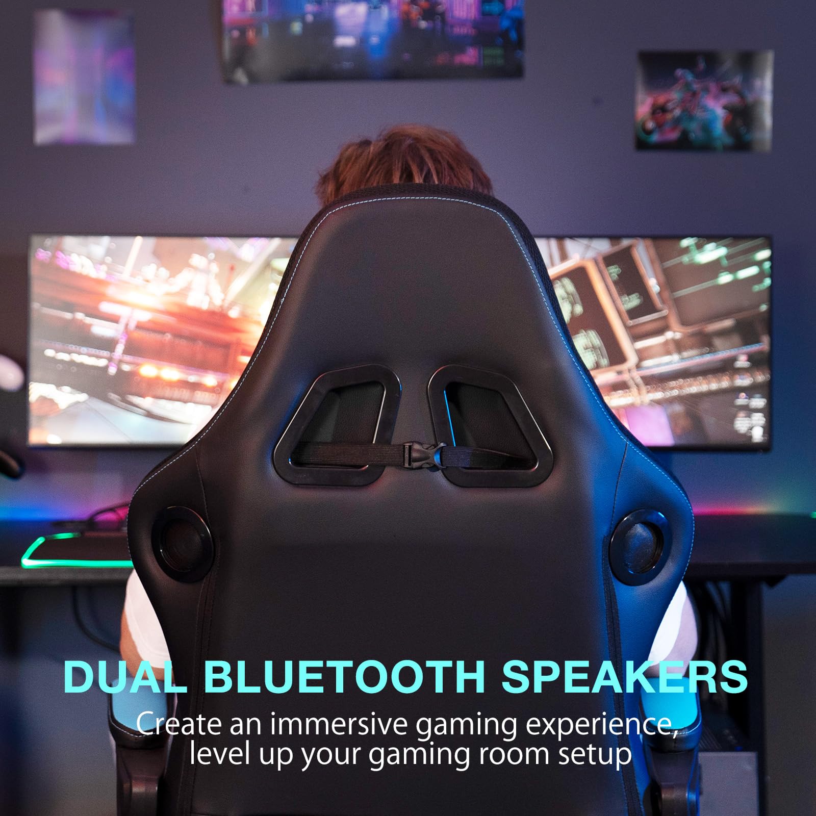 HOFFREE Ergonomic Gaming Chair with Built-in Bluetooth Speakers & Massage - Big and Tall Reclining Office Chair with Footrest, 400lbs Weight Capacity (Blue & Black) - Perfect for PC Gaming, Home Office & Streaming Setup