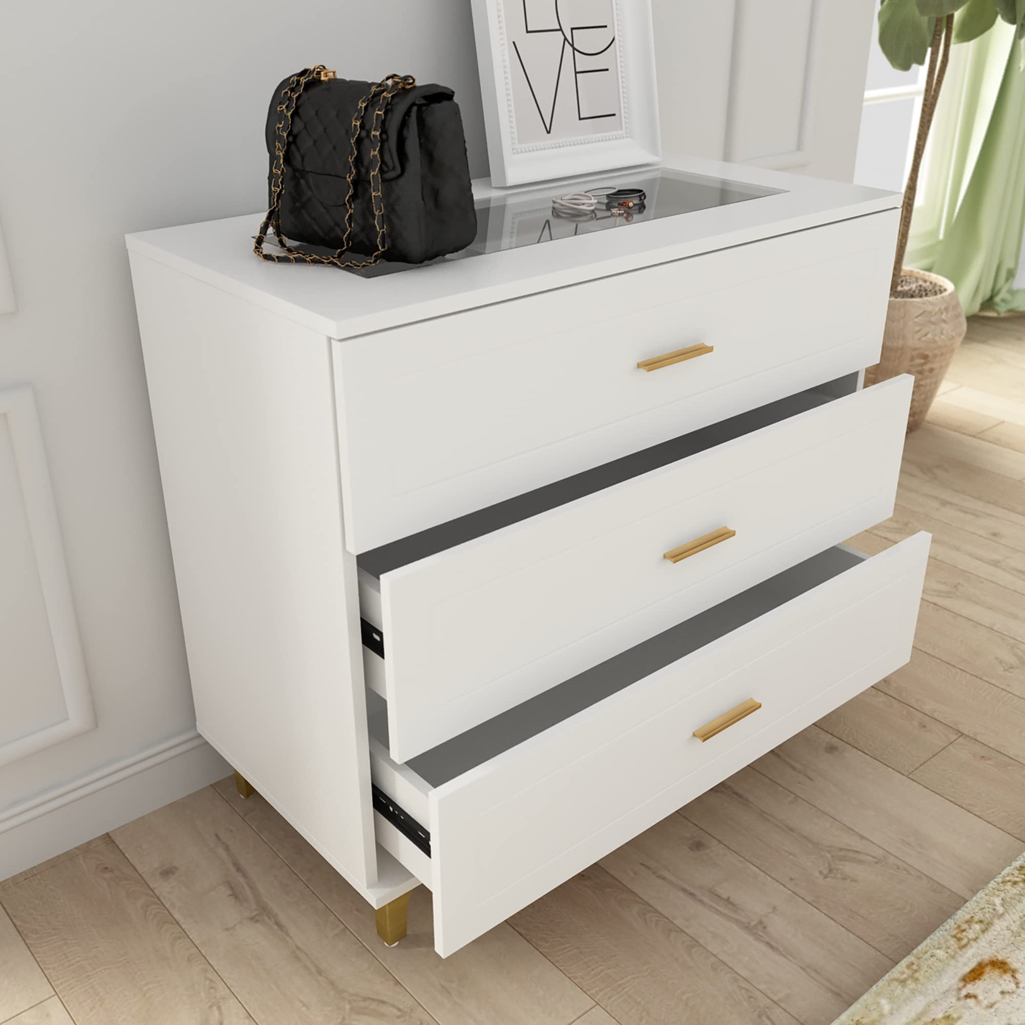 Modern White Dresser with 3 Drawers & Jewelry Organizer - Glass Top Wooden Storage Chest with Metal Legs for Bedroom, Living Room & Hallway - Perfect for Small Spaces & Apartment Organization (31.5”L x 15.7”W x 28.7”H)