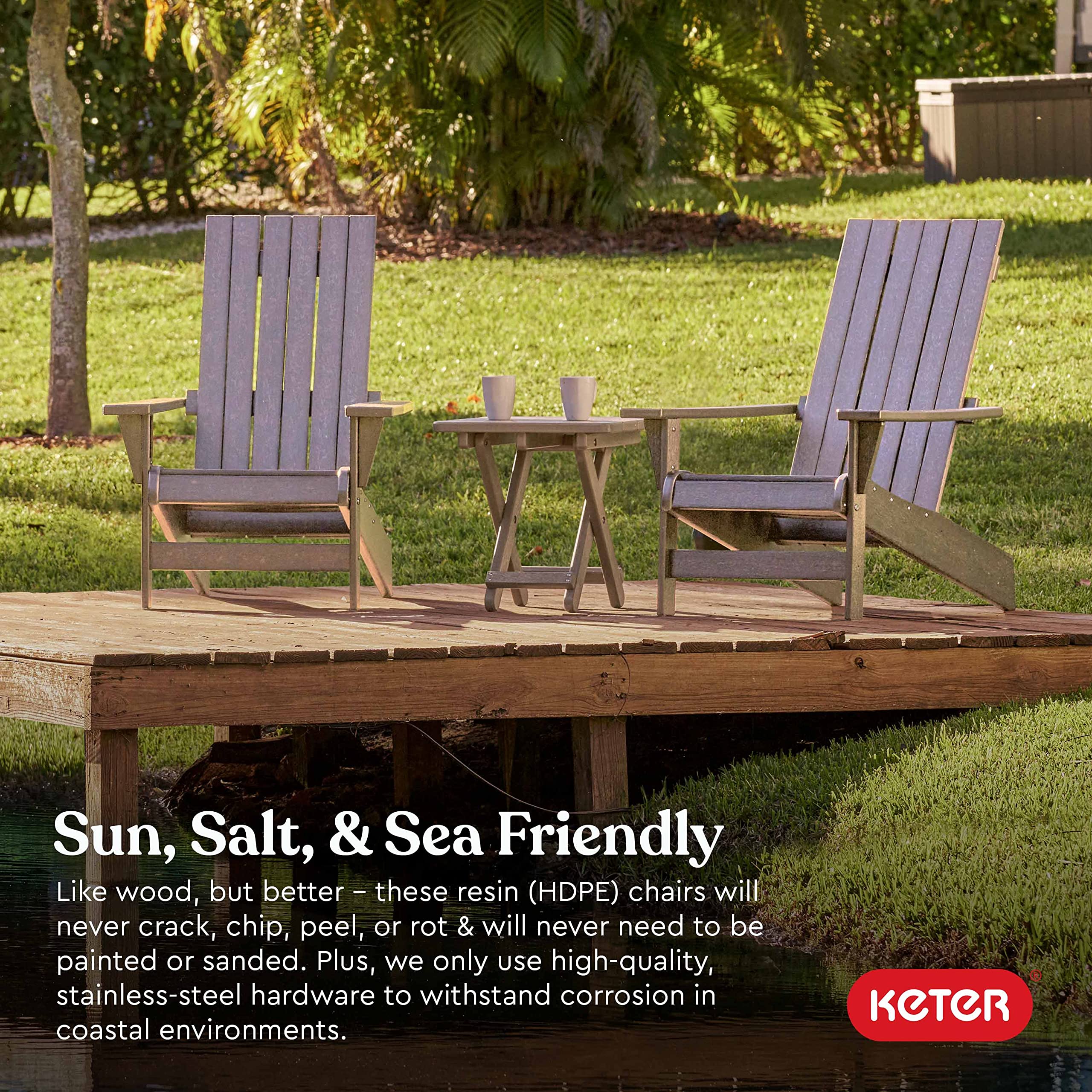 Keter Montauk Weatherproof Adirondack Chair - Durable Outdoor Furniture for Pool, Patio & Fire Pit - Easy Assembly Sturdy Seating in Weatherwood Finish - Perfect for Backyard Relaxation & Outdoor Entertaining