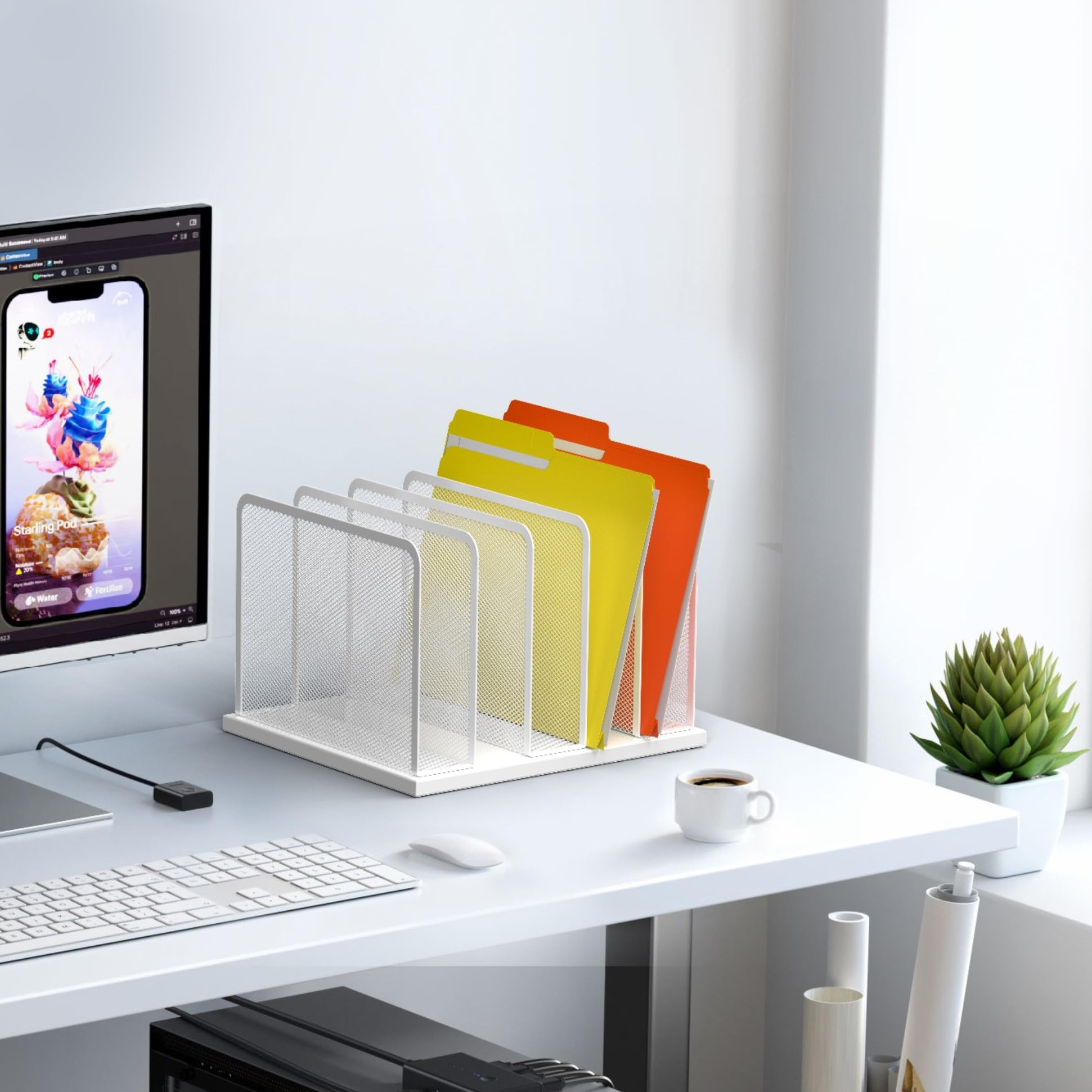 Kuntine.B Mesh Desk File Organizer - 5-Section Upright Desktop File Sorter for Office Documents, Papers & Folders - Perfect for Home Office, Classroom & Workspace Organization (White, 1 Pack)
