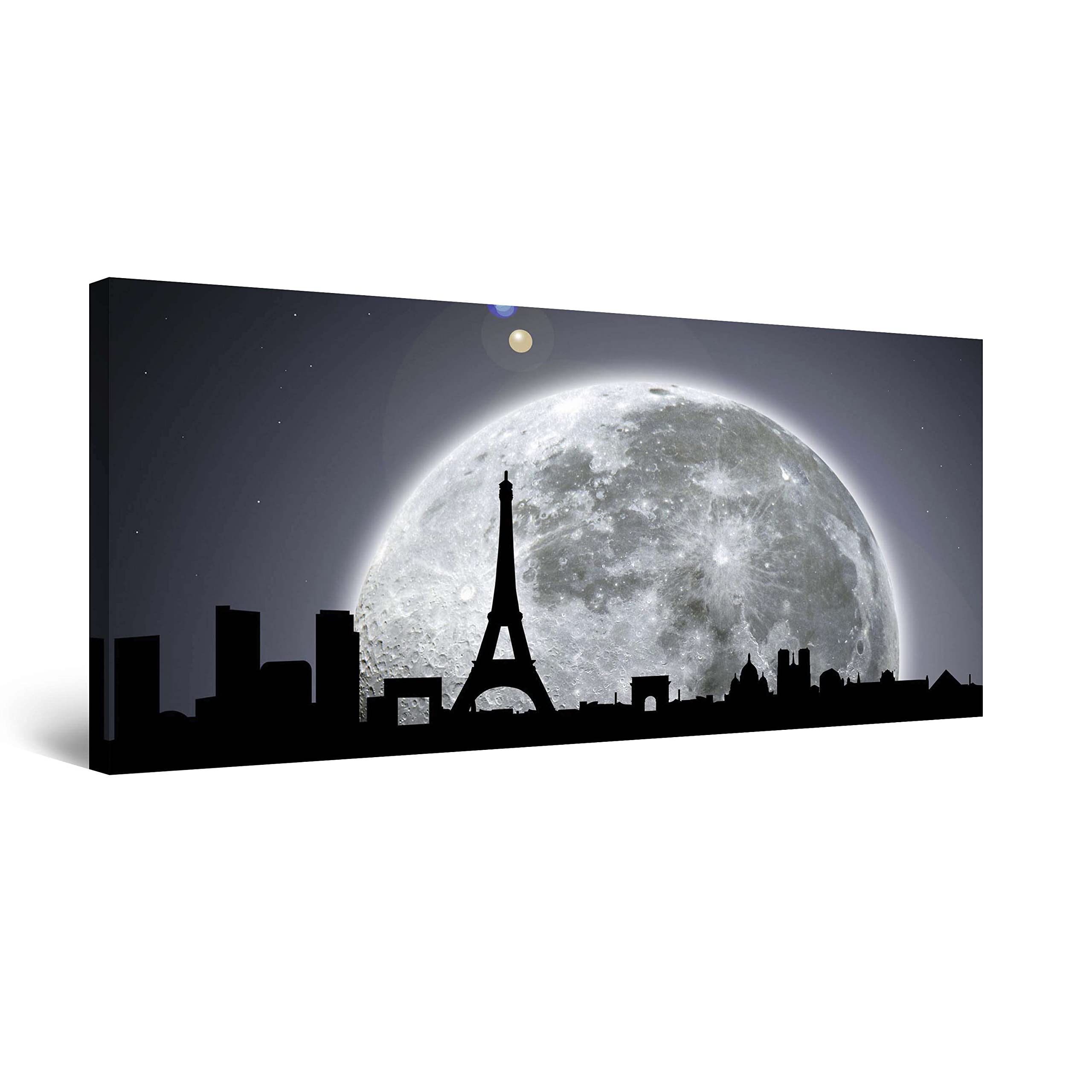 Paris Under Moonlight Canvas Wall Art - 24x48 Inch Stretched Cityscape Painting, Modern Home Decor for Bedroom, Living Room & Office - Unique Luminous Day & Night Effect Artwork | Perfect for Urban Style Interiors & Gift Giving