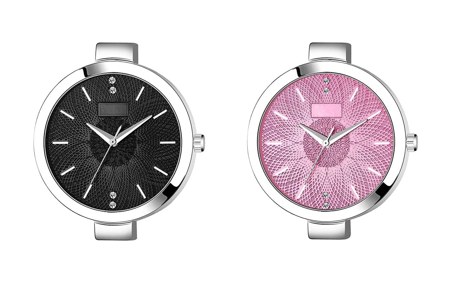 Elegant Analog Watch Set for Women & Girls - Round Dial Stainless Steel Band (Black & Pink) - Perfect for Everyday Wear, Office & Special Occasions