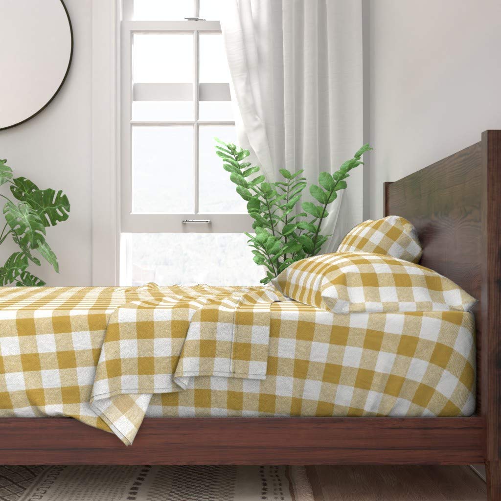 100% Cotton King Size 4-Piece Sheet Set - Buffalo Check Yellow Plaid Rustic White Classic Gingham Woodland Print | Gender Neutral Gold Textured Custom Bedding | Perfect for Farmhouse, Rustic & Modern Bedrooms
