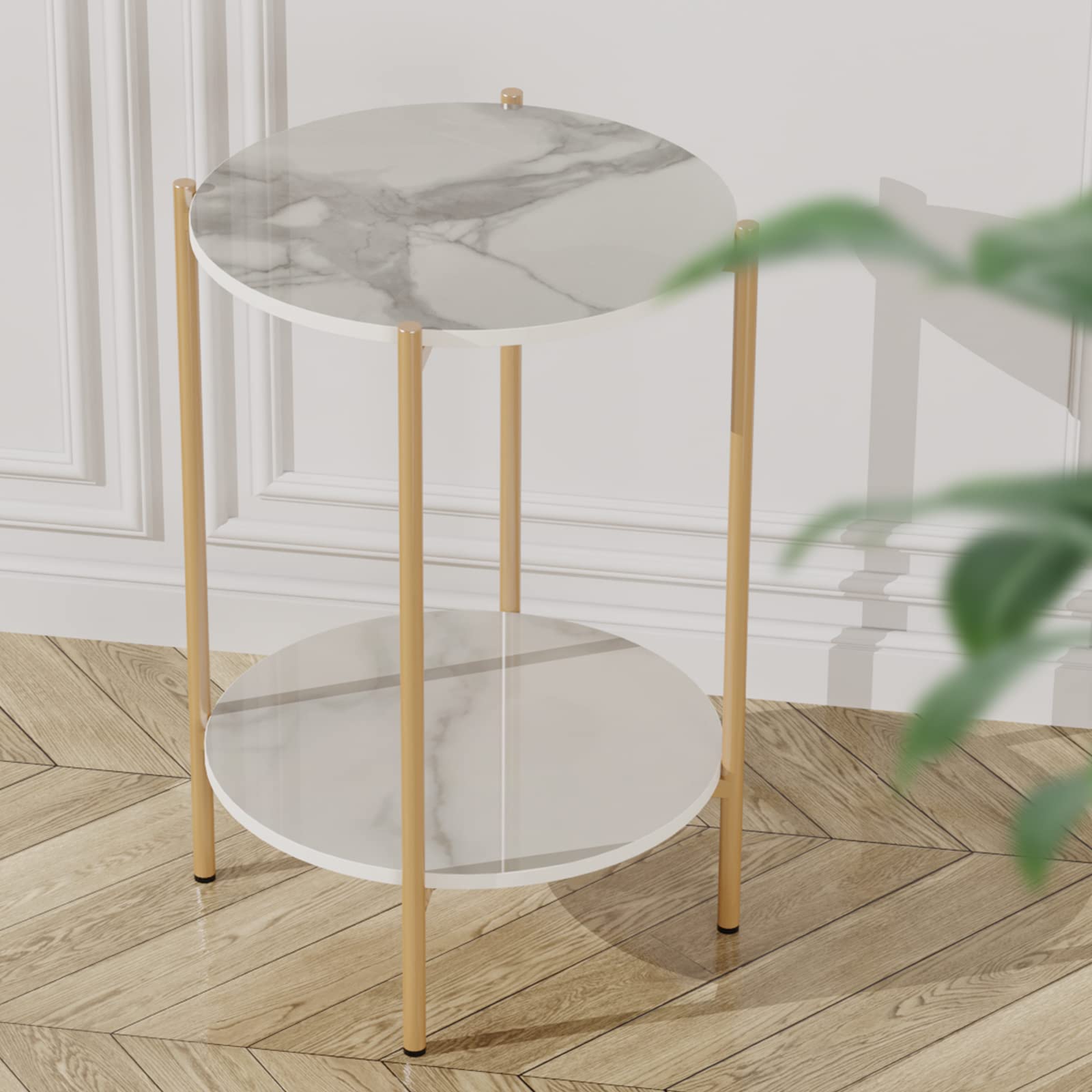 Wisfor Sintered Stone End Table - 2 Tier Round White Side Table with Golden Frame - Modern Coffee Table & Nightstand for Living Room, Bedroom - Perfect for Small Spaces & Home Decor