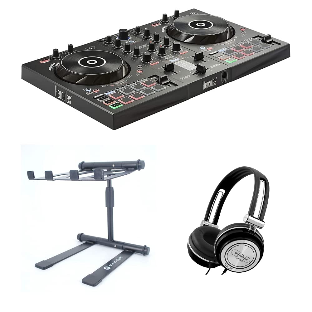Hercules DJ Control Inpulse 300 DJ Controller with CAD MH100 Studio Headphones & Sonic Fiber Laptop Stand - Complete DJ Equipment Package for Beginners, Home Studio & Live Performances