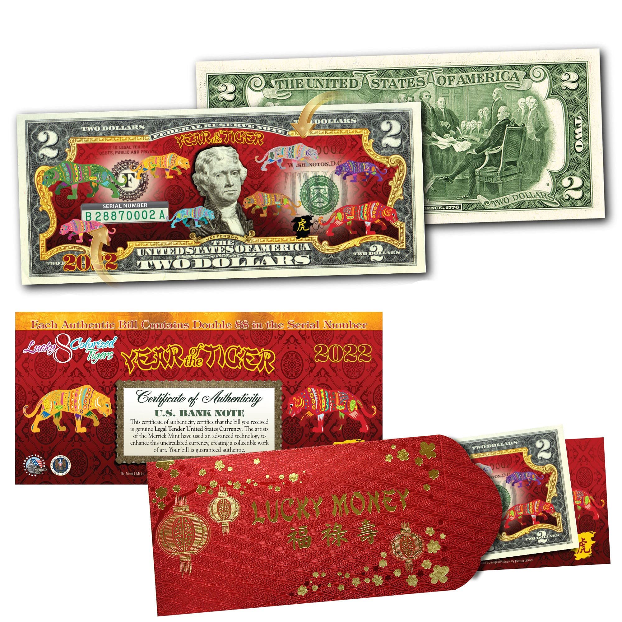 Merrick Mint 2022 Chinese Lunar New Year of The Tiger Polychromatic 8-Color $2 Bill in Red Foil Envelope - Perfect for Collectors, Gifts & Chinese New Year Celebrations
