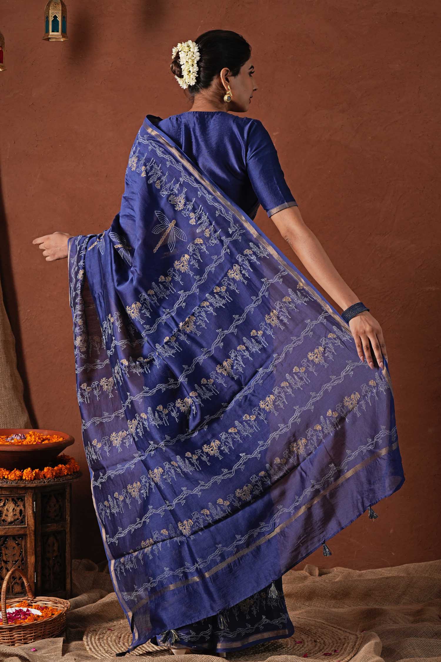 Golden Ocean Hand Block Printed Chanderi Silk Saree - Elegant Indian Traditional Wear for Weddings & Festivals | Perfect for Bridal, Party & Special Occasions