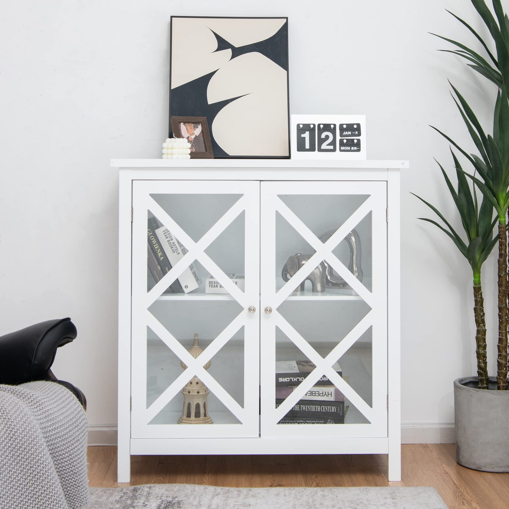 LOKO Buffet Cabinet - Modern Kitchen Storage Cabinet with Tempered Glass Doors & Adjustable Shelves, White Sideboard for Dining Room, Living Room, Bar - Perfect for Displaying China, Glassware & Liquor Collections (35.5